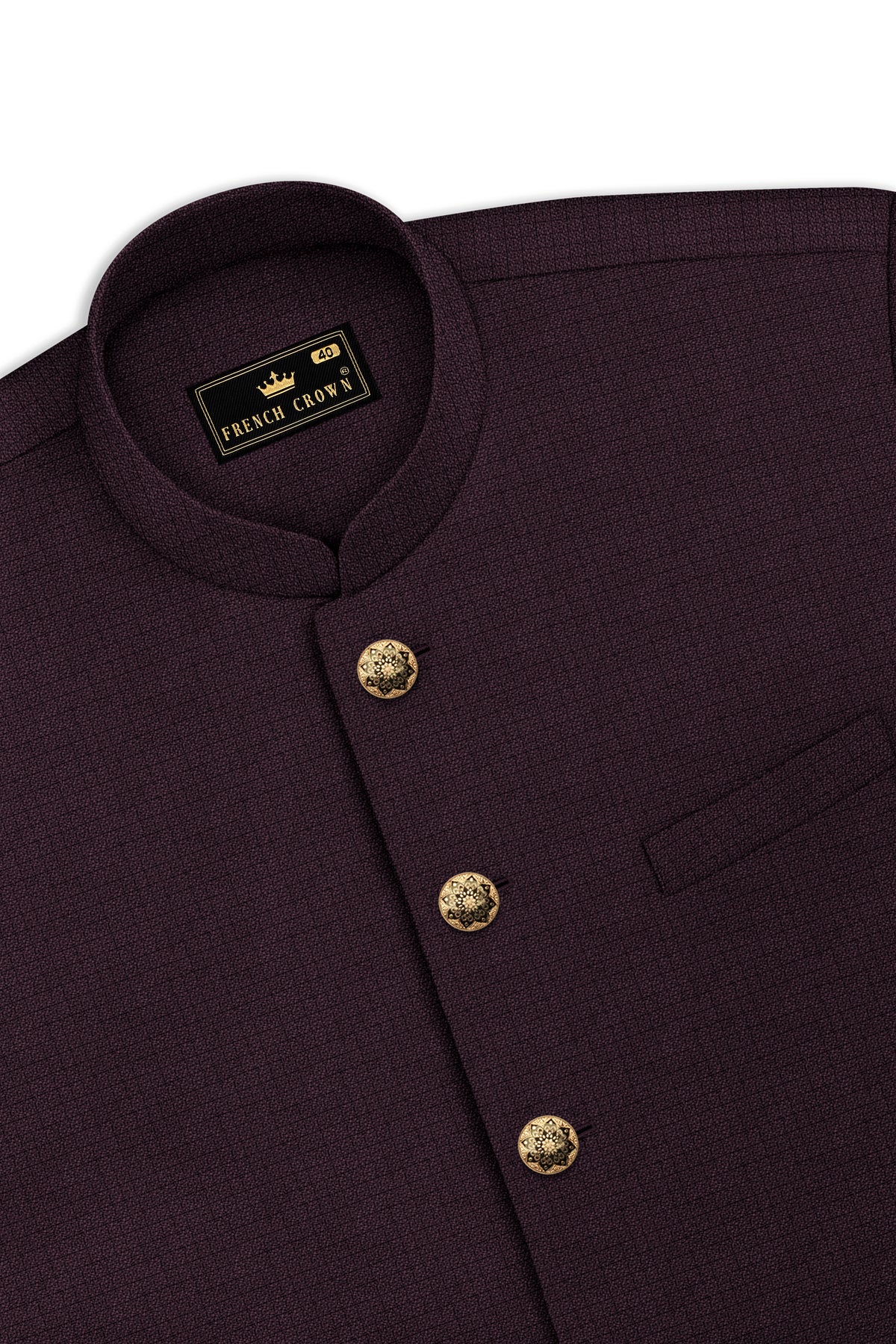 Velaris-Thunder Purple Diamond Textured Wool Rich Slight Stretch Cross Placket Bandhgala Suit