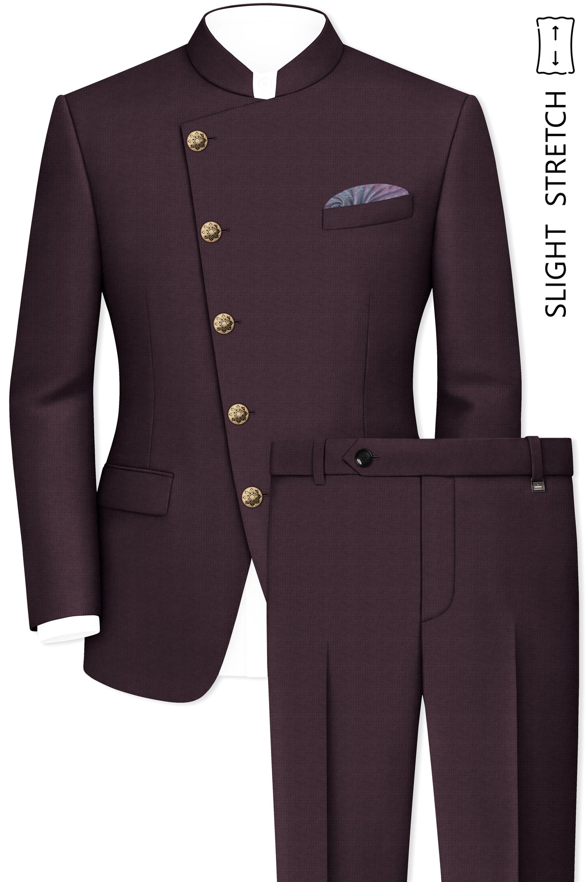 Velaris-Thunder Purple Diamond Textured Wool Rich Slight Stretch Cross Placket Bandhgala Suit