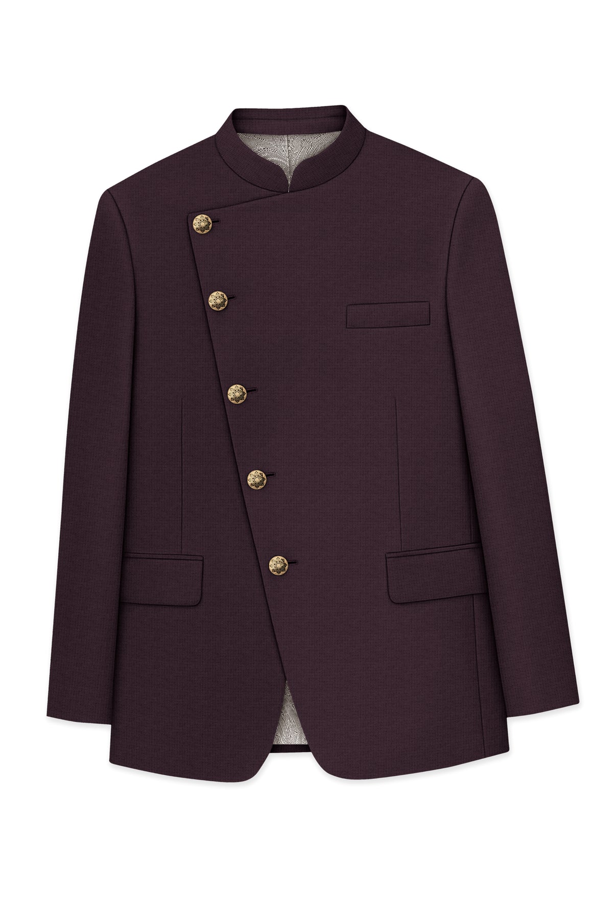 Velaris-Thunder Purple Diamond Textured Wool Rich Slight Stretch Cross Placket Bandhgala Suit