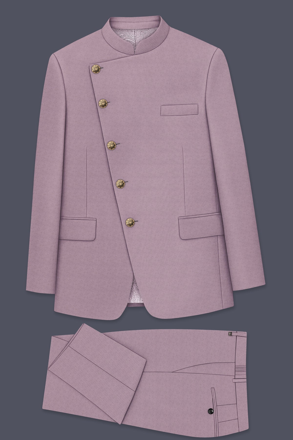 Regalia-Mountbatten Pink Diamond Textured Wool Rich Slight Stretch Cross Placket Bandhgala Suit