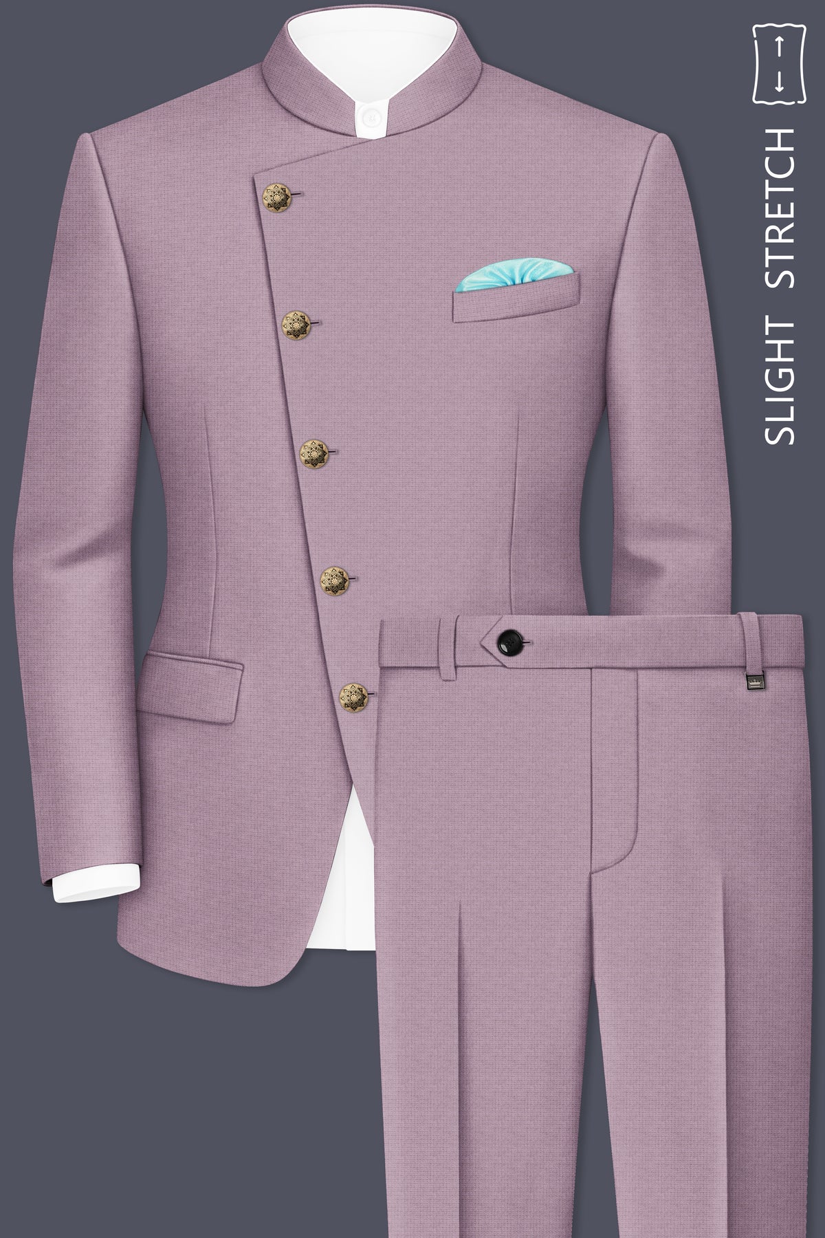 Regalia-Mountbatten Pink Diamond Textured Wool Rich Slight Stretch Cross Placket Bandhgala Suit