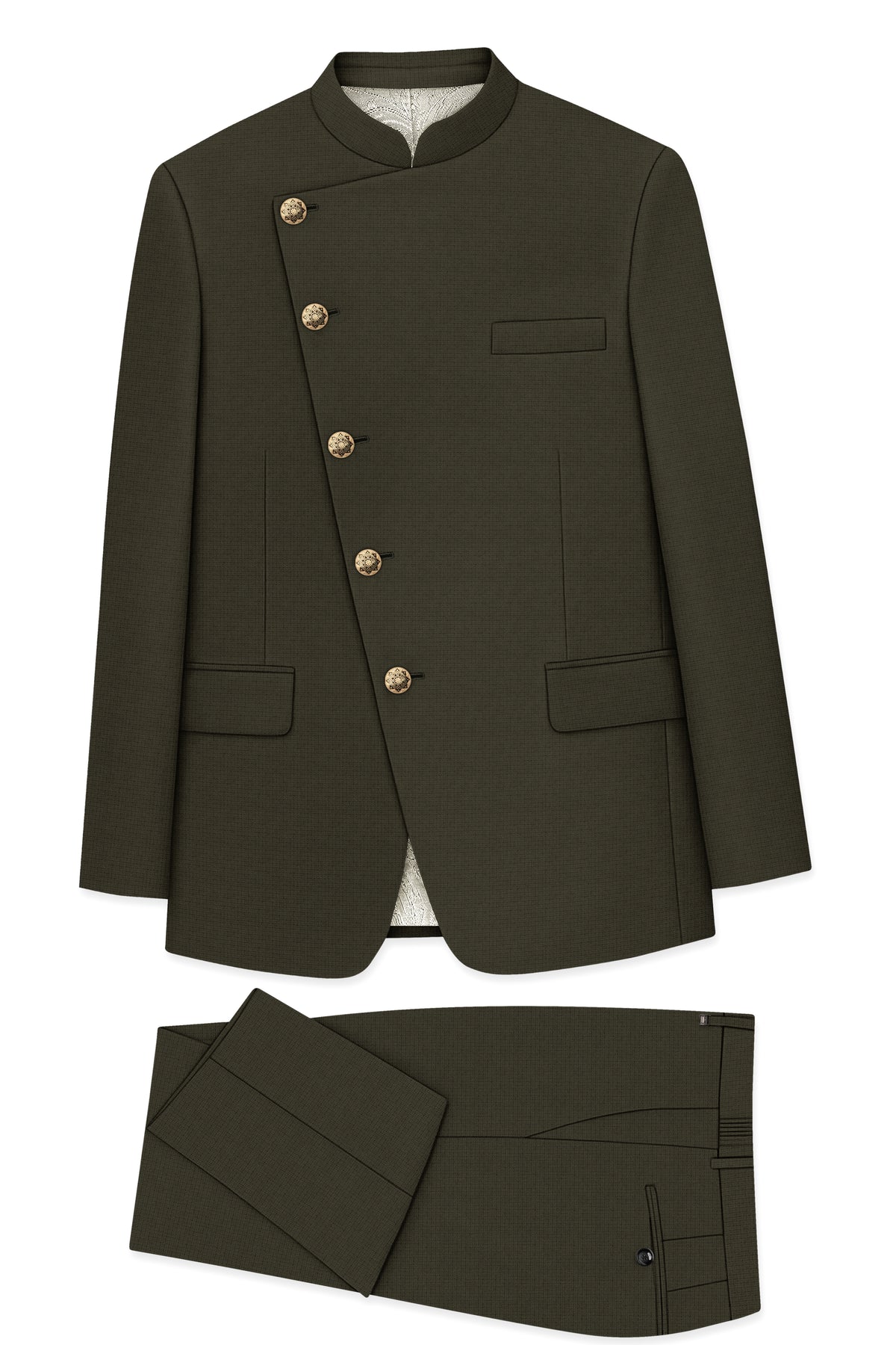 Prestige-Zeus Green Diamond Textured Wool Rich Slight Stretch Cross Placket Bandhgala Suit