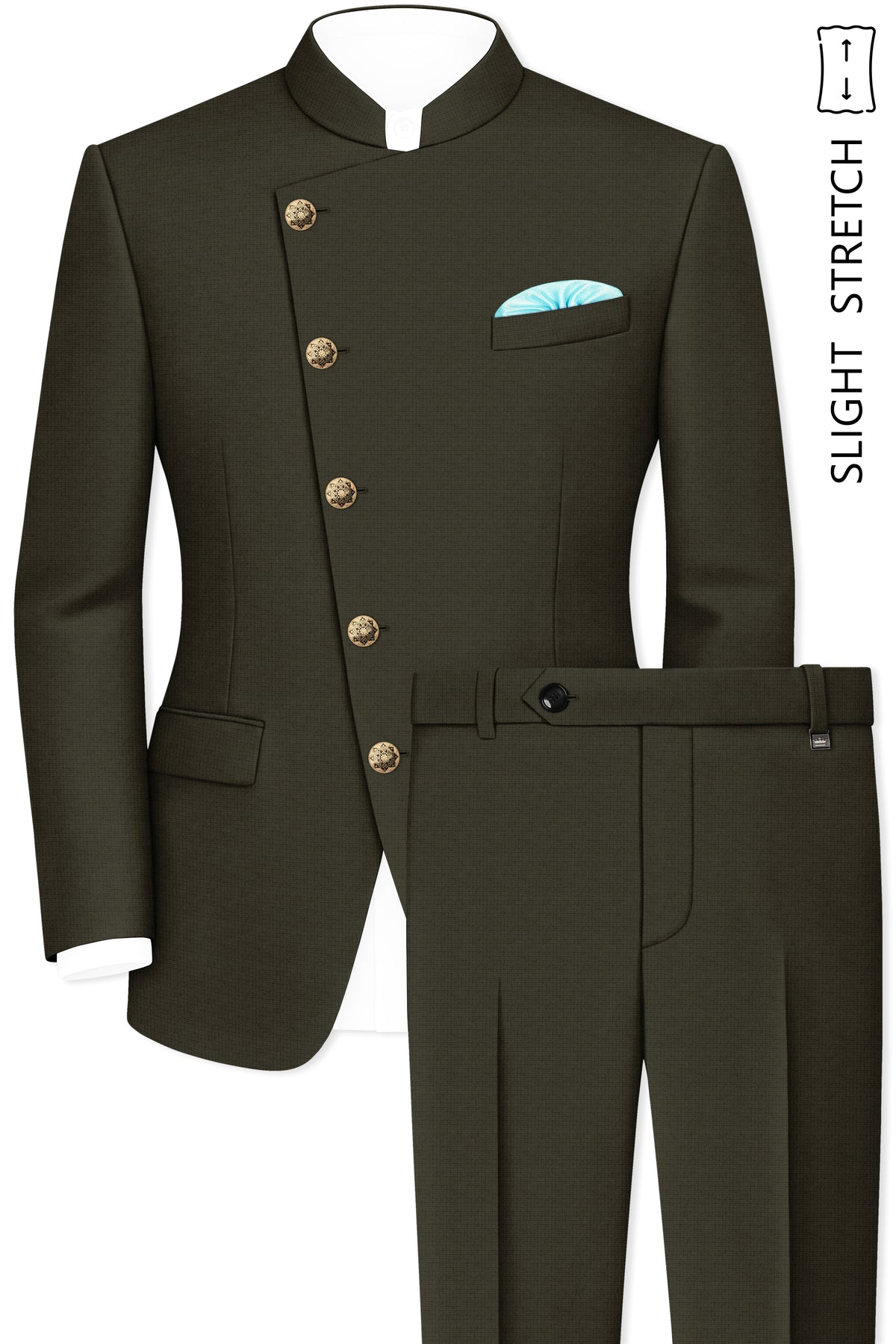Prestige-Zeus Green Diamond Textured Wool Rich Slight Stretch Cross Placket Bandhgala Suit