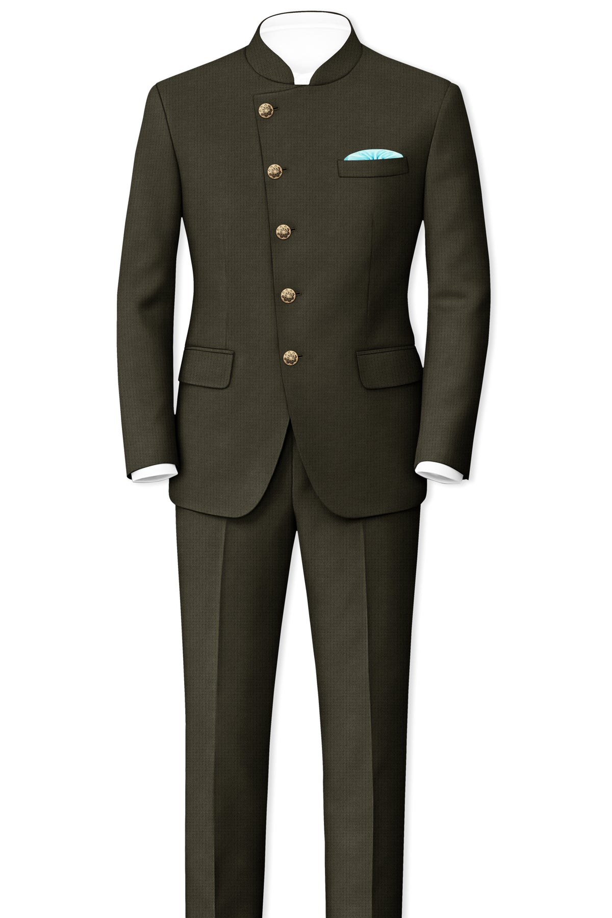 Prestige-Zeus Green Diamond Textured Wool Rich Slight Stretch Cross Placket Bandhgala Suit