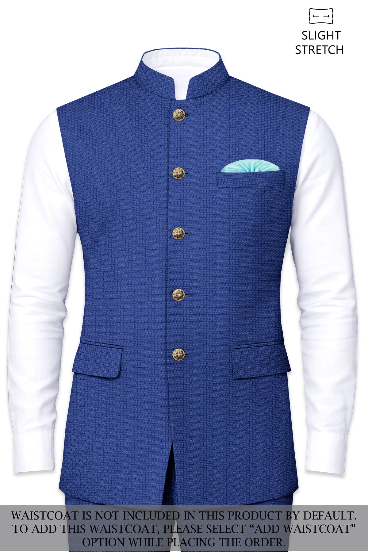 Aurelio-Chambray Blue Diamond Textured Wool Rich Slight Stretch Cross Placket Bandhgala Suit