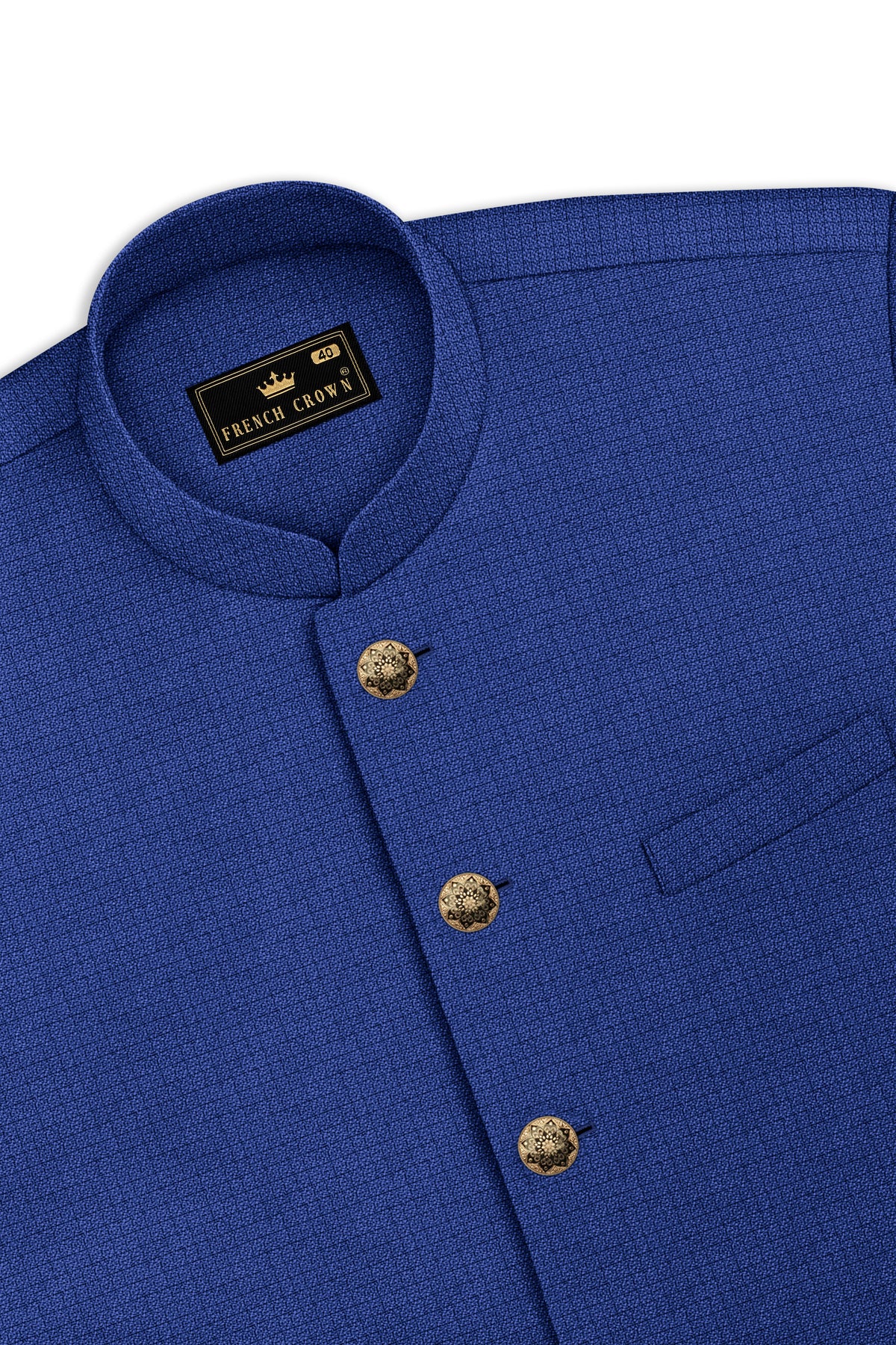 Aurelio-Chambray Blue Diamond Textured Wool Rich Slight Stretch Cross Placket Bandhgala Suit