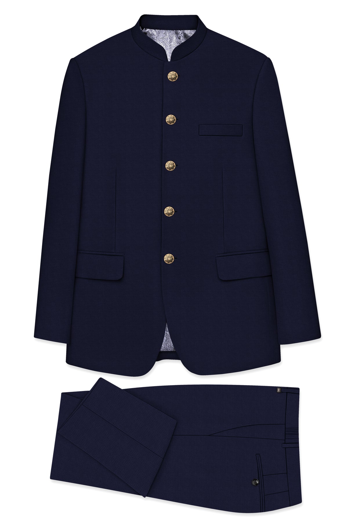 Nocturne-Mirage Navy Diamond Textured Wool Rich Slight Stretch Bandhgala Suit
