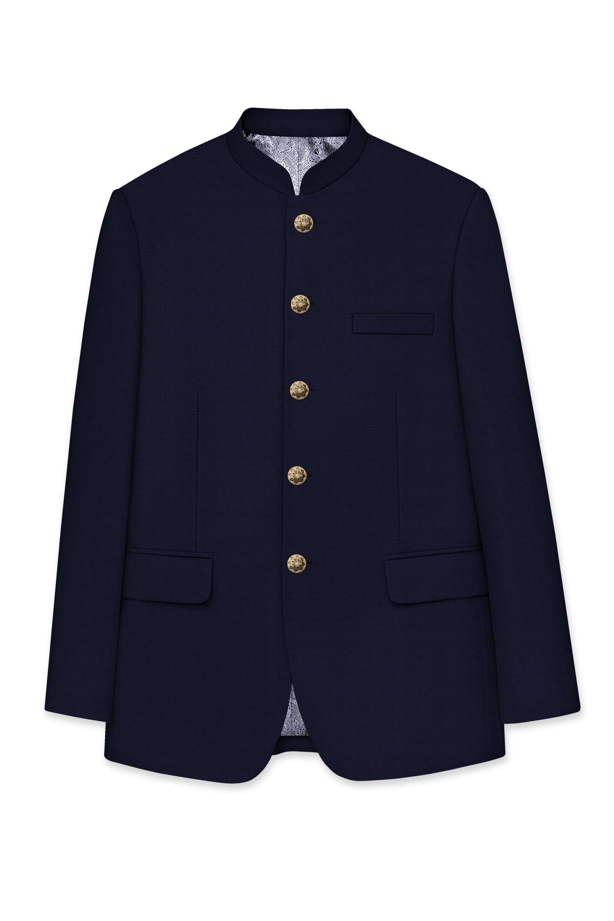 Nocturne-Mirage Navy Diamond Textured Wool Rich Slight Stretch Bandhgala Suit