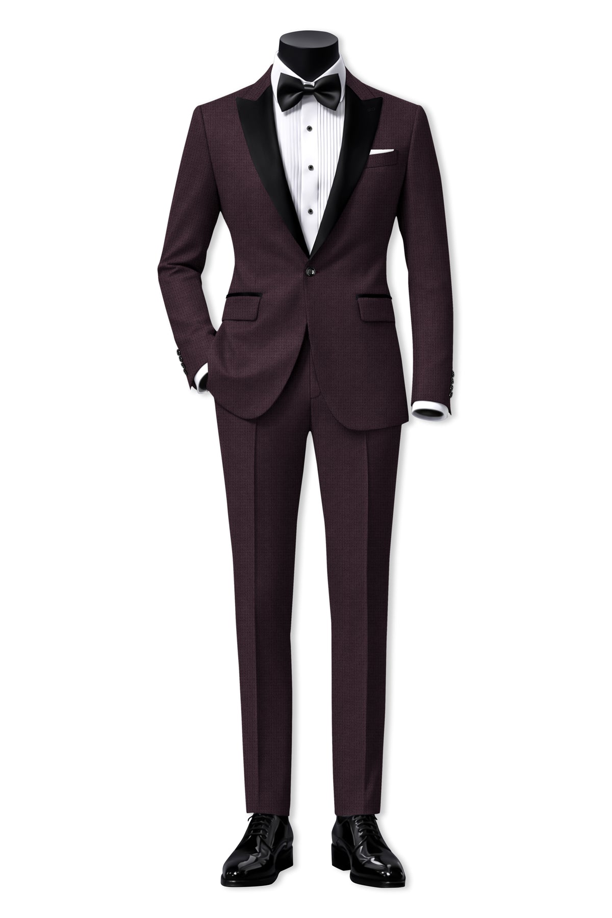 Velaris-Thunder Purple Diamond Textured Wool Rich Slight Stretch Peak Lapel Tuxedo Suit