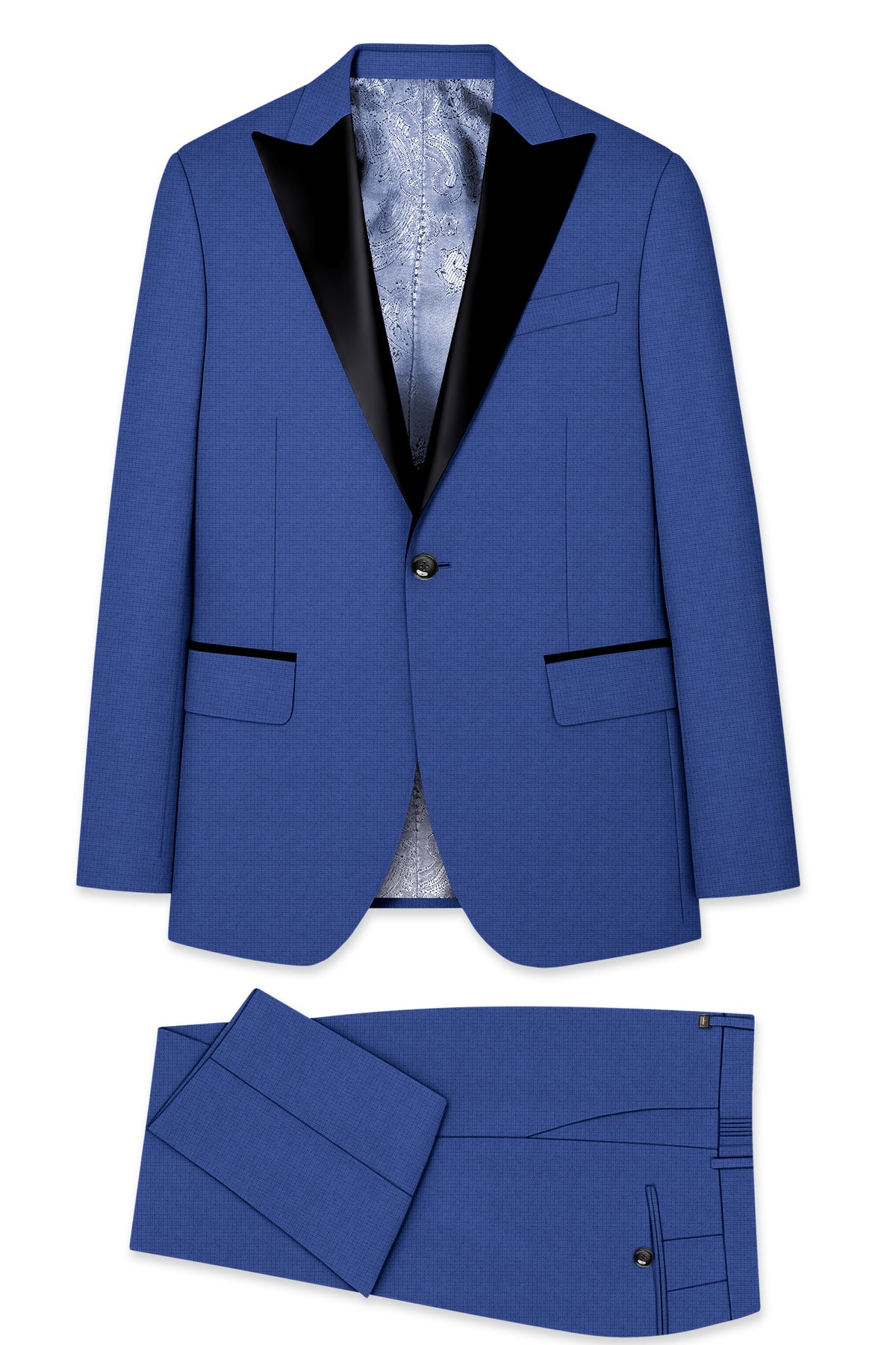 Aurelio-Chambray Blue Diamond Textured Wool Rich Slight Stretch Peak Lapel Tuxedo Suit