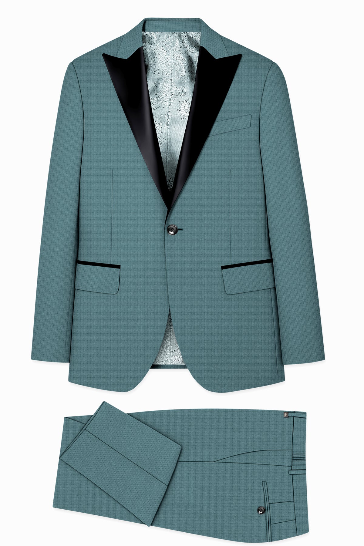 Viridian-Beetle Green Diamond Textured Wool Rich Slight Stretch Peak Lapel Tuxedo Suit