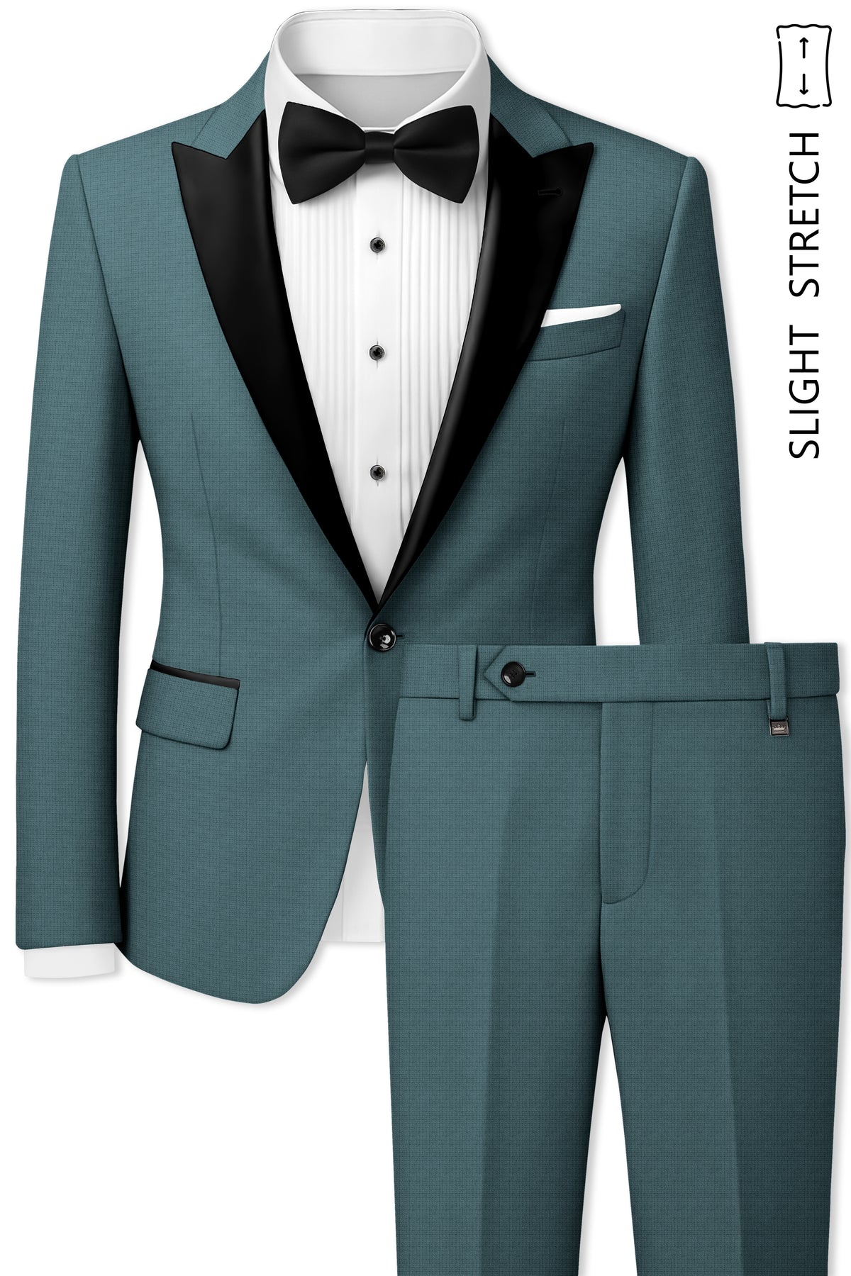 Viridian-Beetle Green Diamond Textured Wool Rich Slight Stretch Peak Lapel Tuxedo Suit