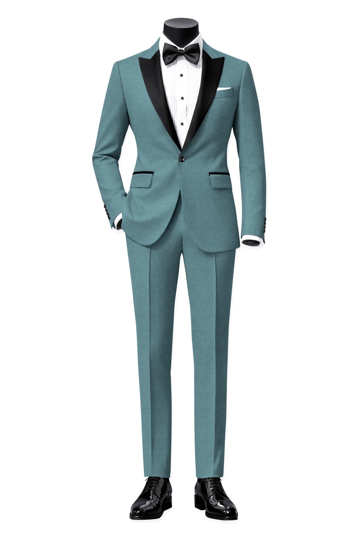 Viridian-Beetle Green Diamond Textured Wool Rich Slight Stretch Peak Lapel Tuxedo Suit