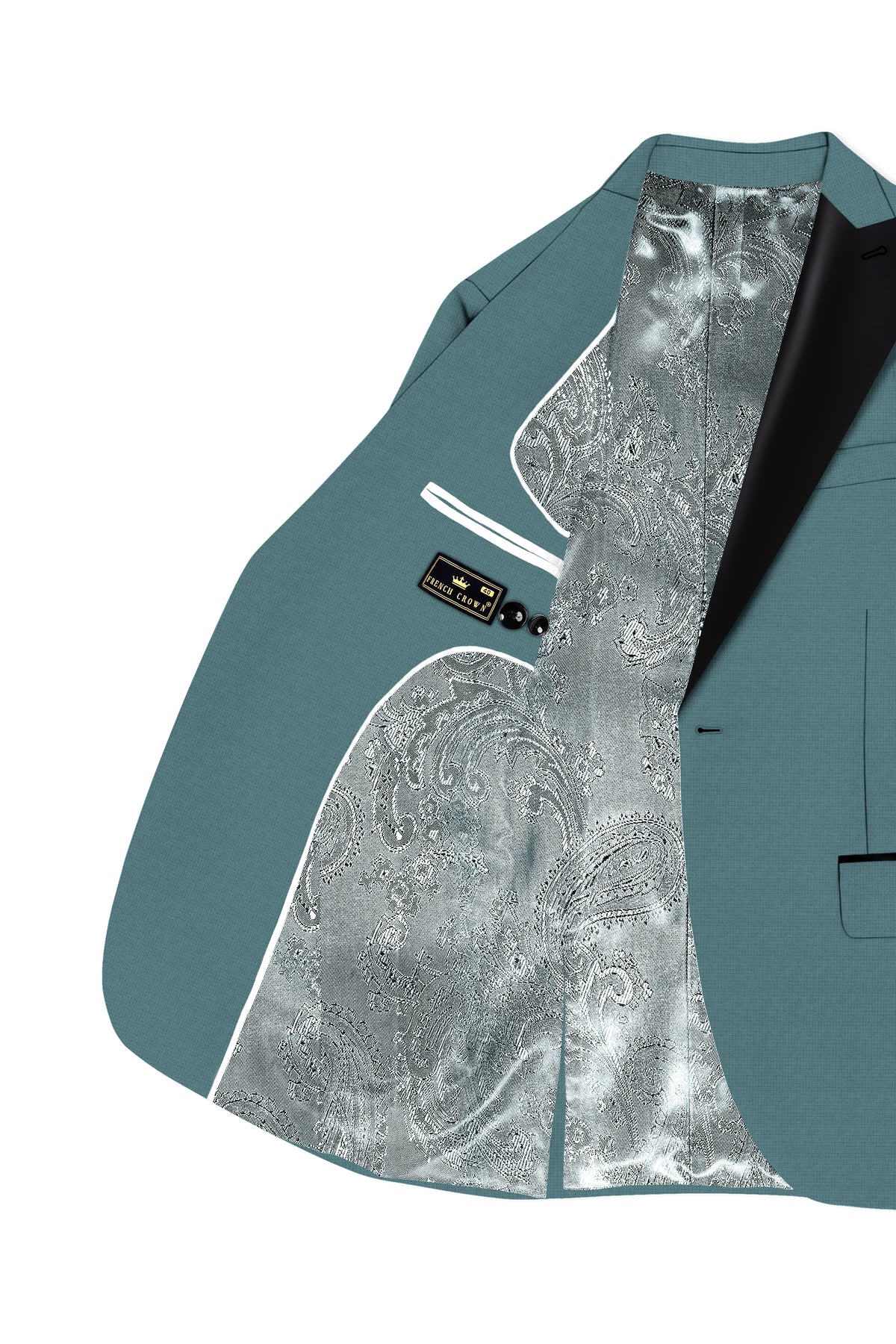 Viridian-Beetle Green Diamond Textured Wool Rich Slight Stretch Peak Lapel Tuxedo Suit