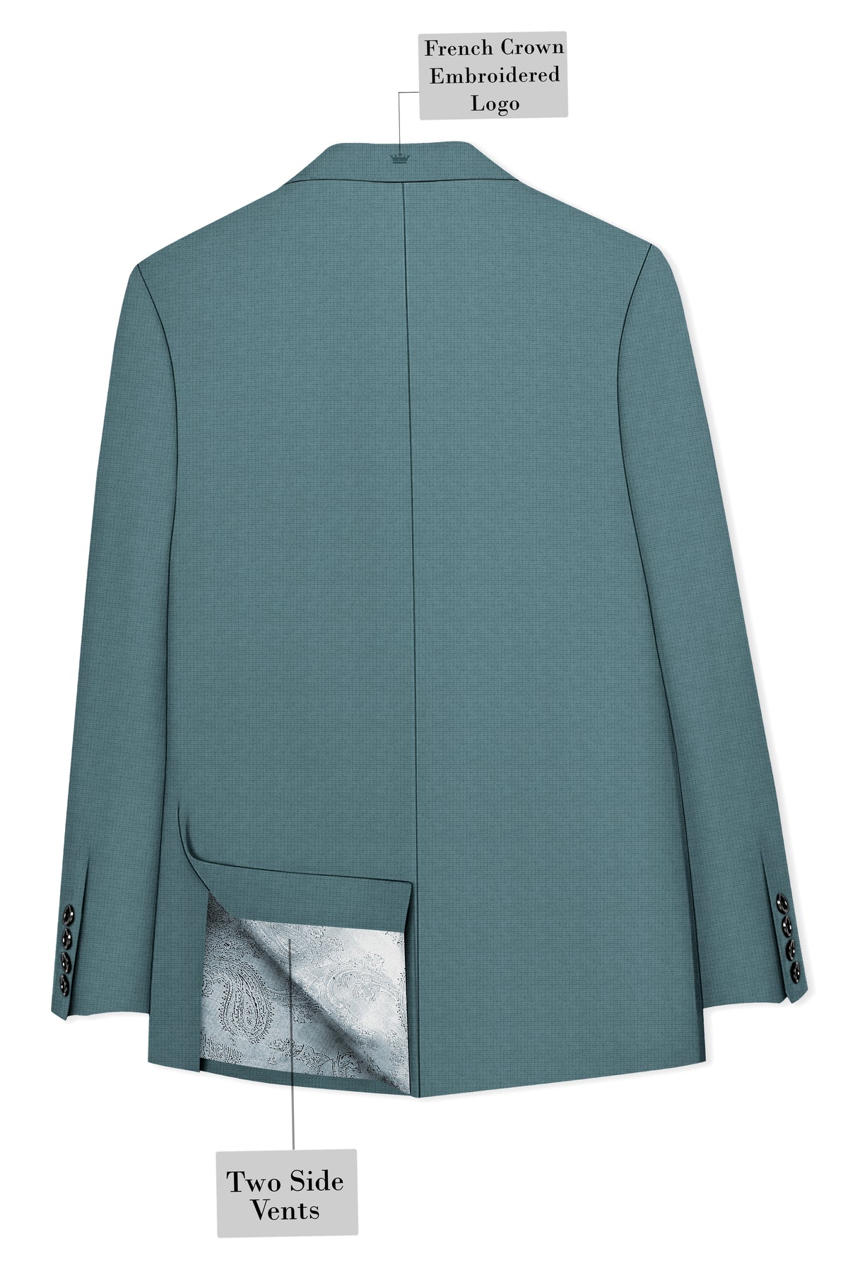 Viridian-Beetle Green Diamond Textured Wool Rich Slight Stretch Peak Lapel Tuxedo Suit