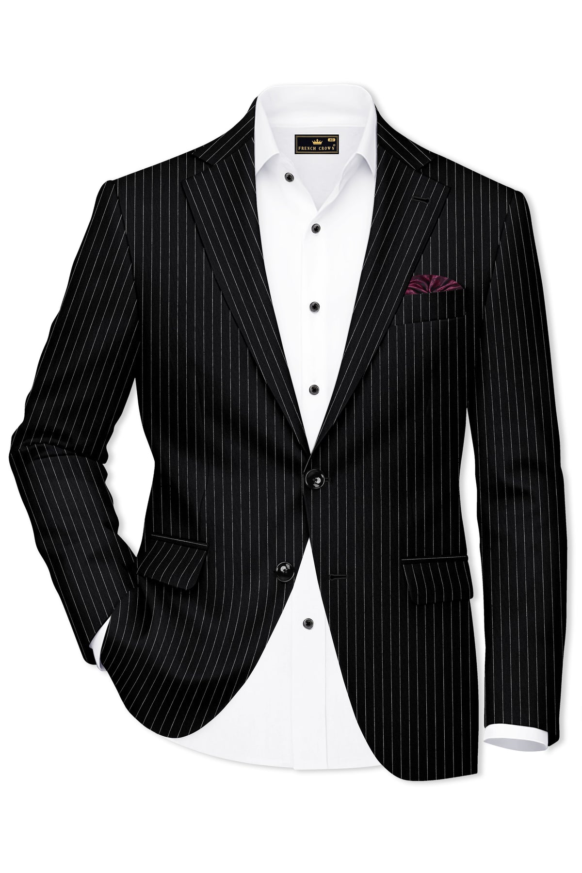 Gravitas-Jade Black And Bright White Chalk Striped Wool Rich Wrinkle-Free Fluid Drape Fabric Single Breasted Suit