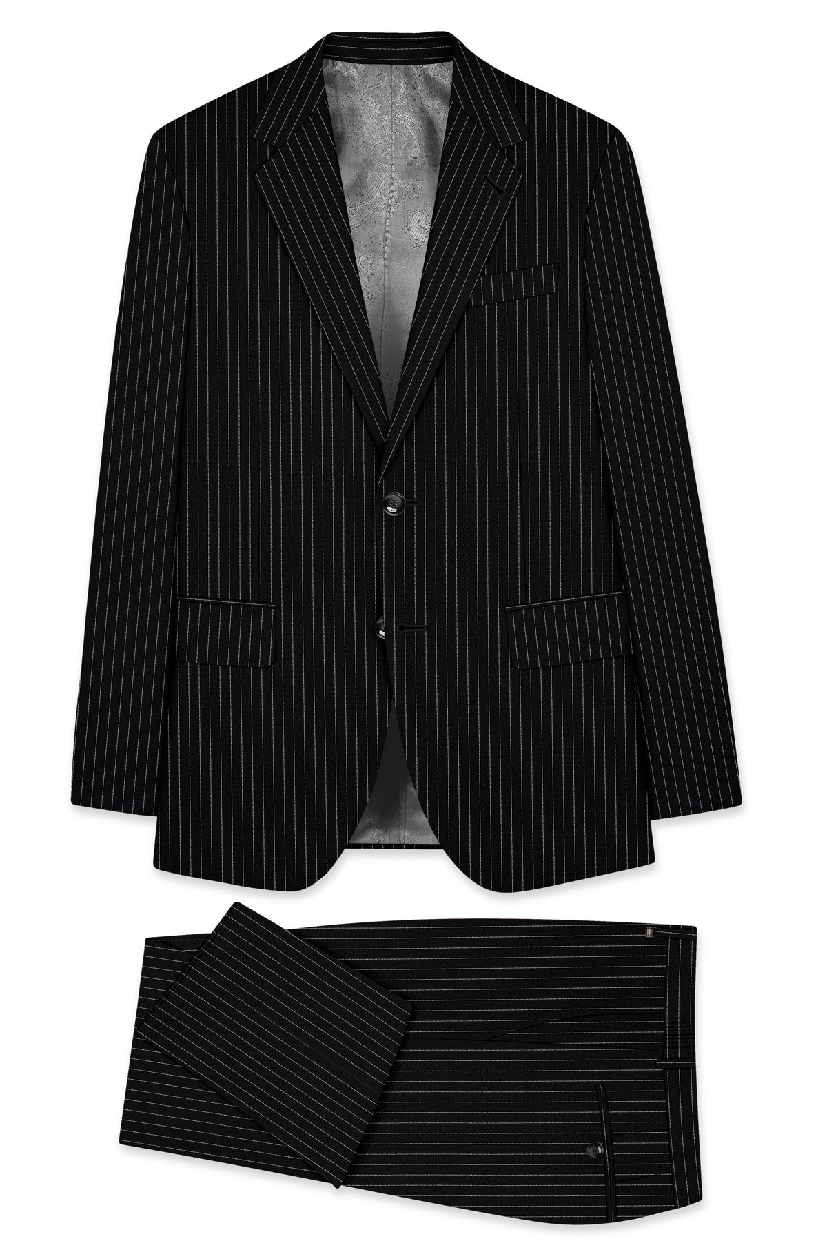 Gravitas-Jade Black And Bright White Chalk Striped Wool Rich Wrinkle-Free Fluid Drape Fabric Single Breasted Suit