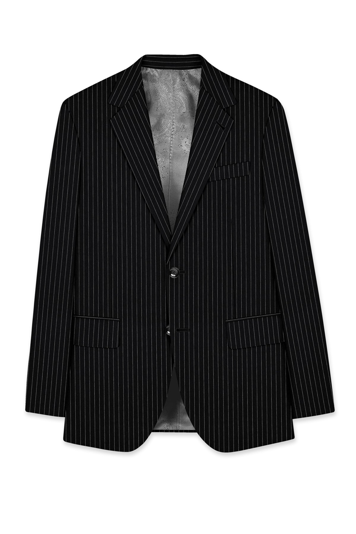 Gravitas-Jade Black And Bright White Chalk Striped Wool Rich Wrinkle-Free Fluid Drape Fabric Single Breasted Suit