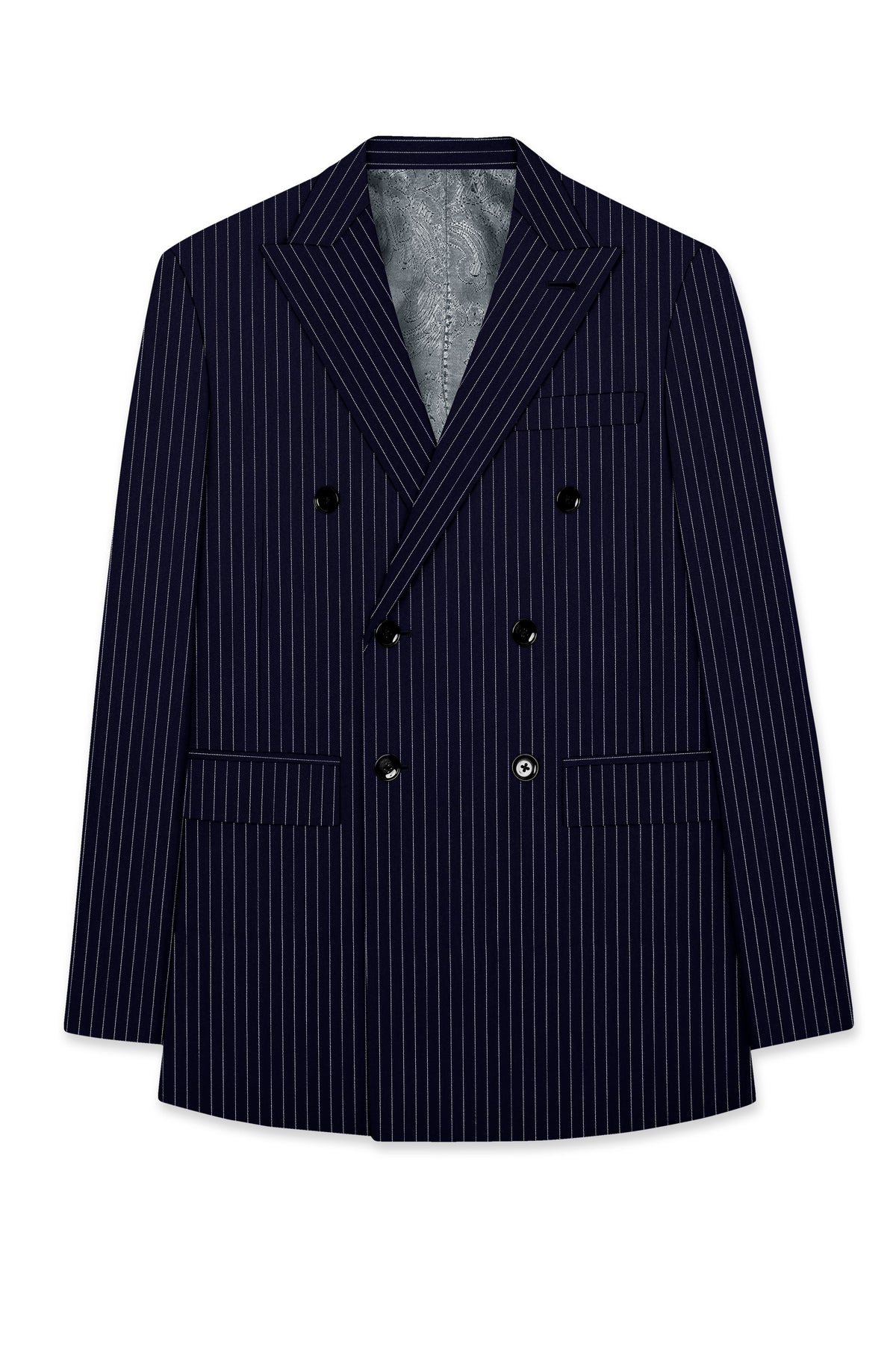Mariner-Denim Blue And Bright White Chalk Striped Wool Rich Wrinkle-Free Fluid Drape Fabric Double Breasted Suit
