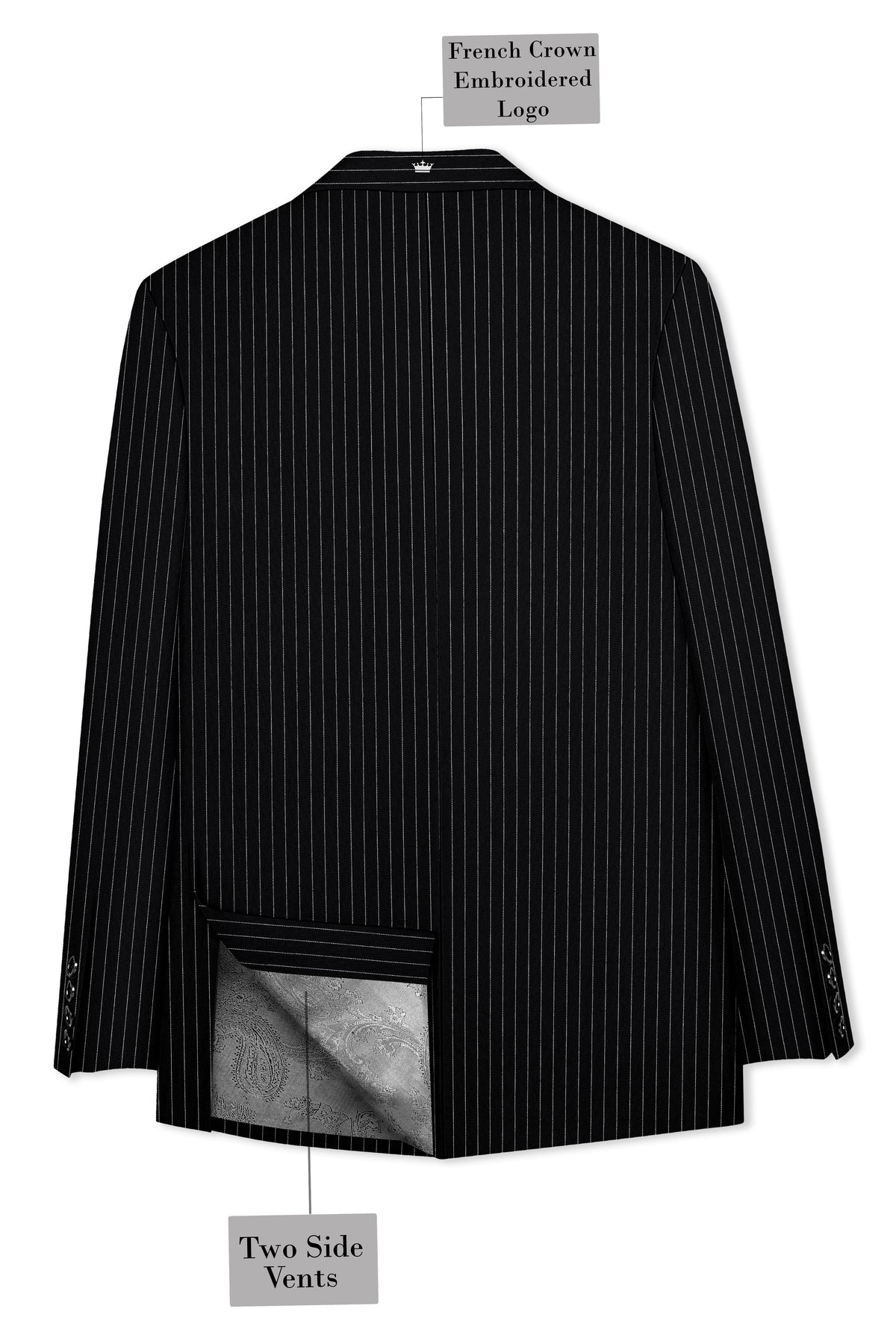 Gravitas-Jade Black And Bright White Chalk Striped Wool Rich Wrinkle-Free Fluid Drape Fabric Double Breasted Suit