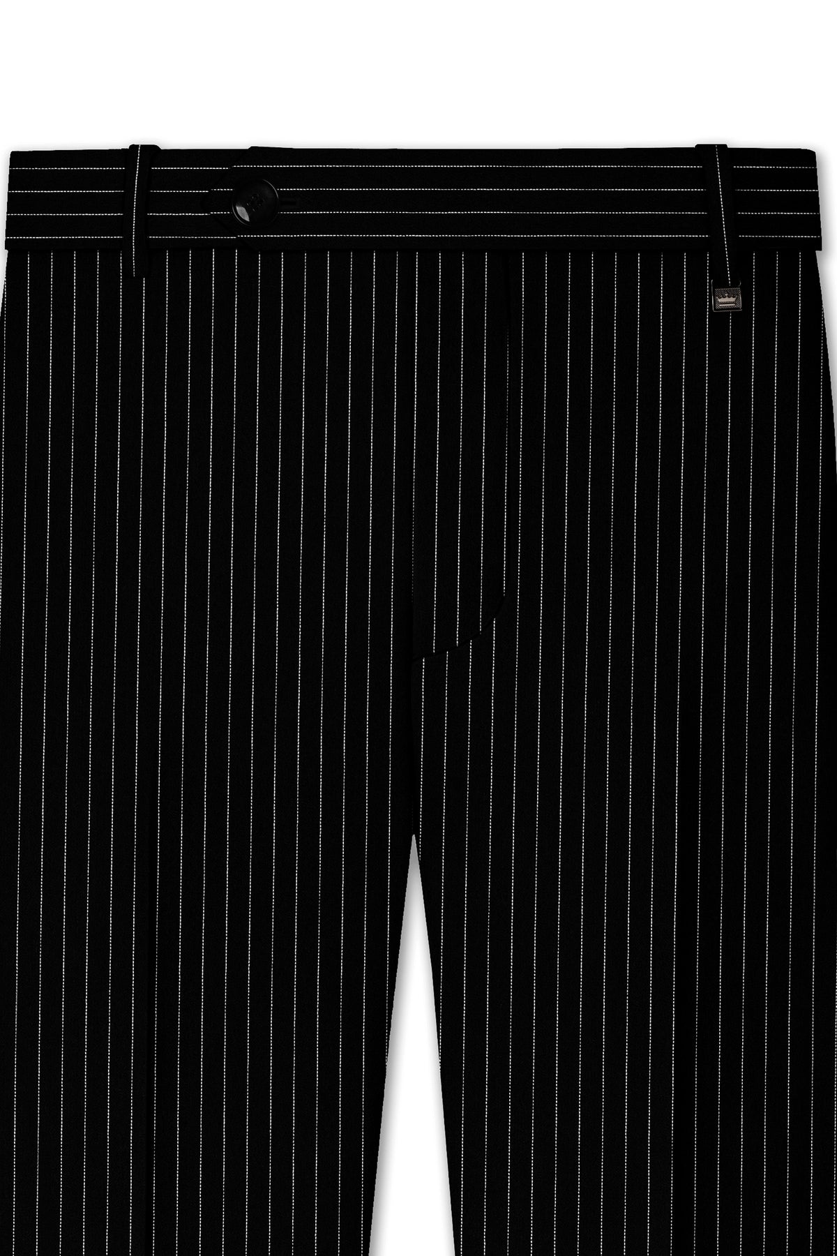 Gravitas-Jade Black And Bright White Chalk Striped Wool Rich Wrinkle-Free Fluid Drape Fabric Double Breasted Suit