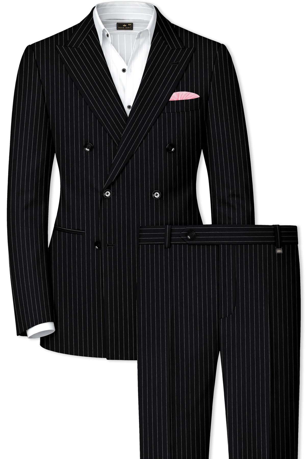 Gravitas-Jade Black And Bright White Chalk Striped Wool Rich Wrinkle-Free Fluid Drape Fabric Double Breasted Suit