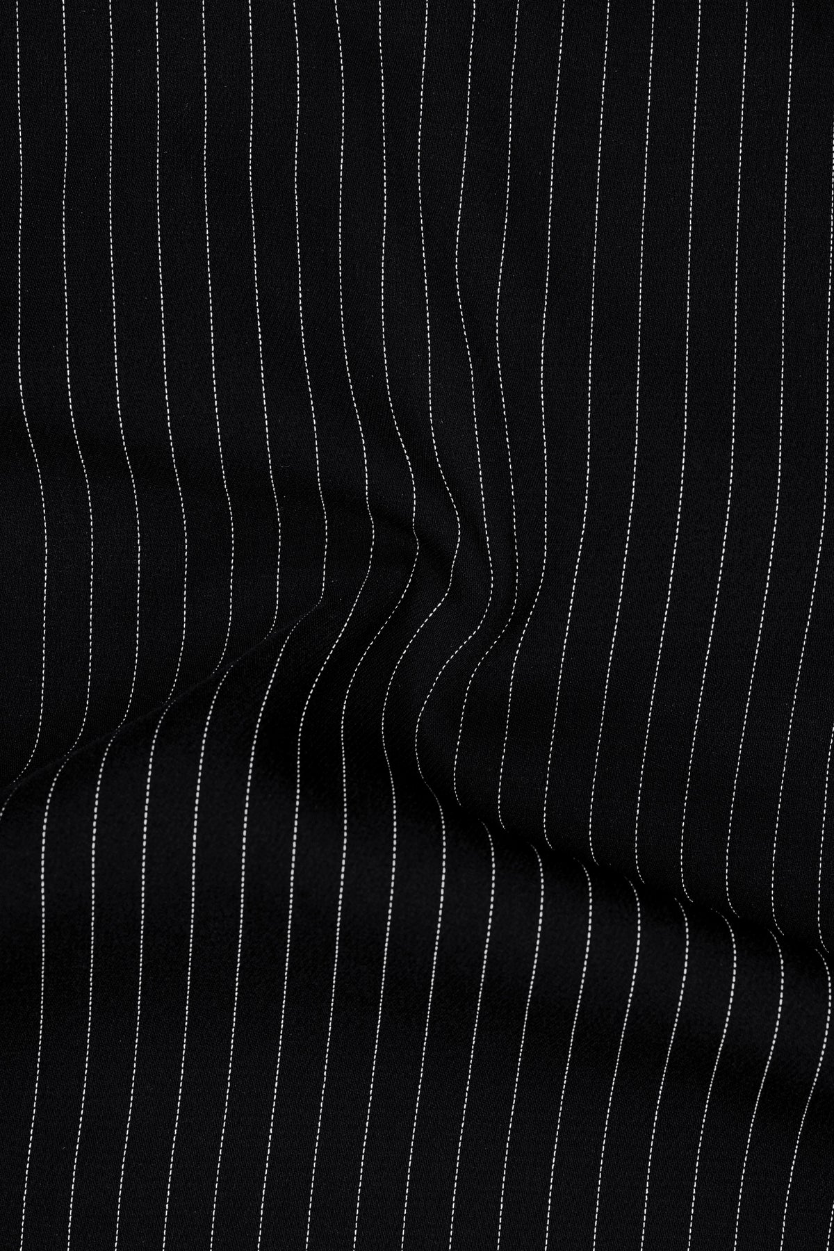 Gravitas-Jade Black And Bright White Chalk Striped Wool Rich Wrinkle-Free Fluid Drape Fabric Double Breasted Suit