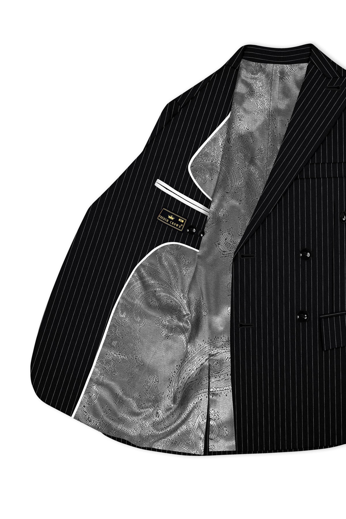 Gravitas-Jade Black And Bright White Chalk Striped Wool Rich Wrinkle-Free Fluid Drape Fabric Double Breasted Suit