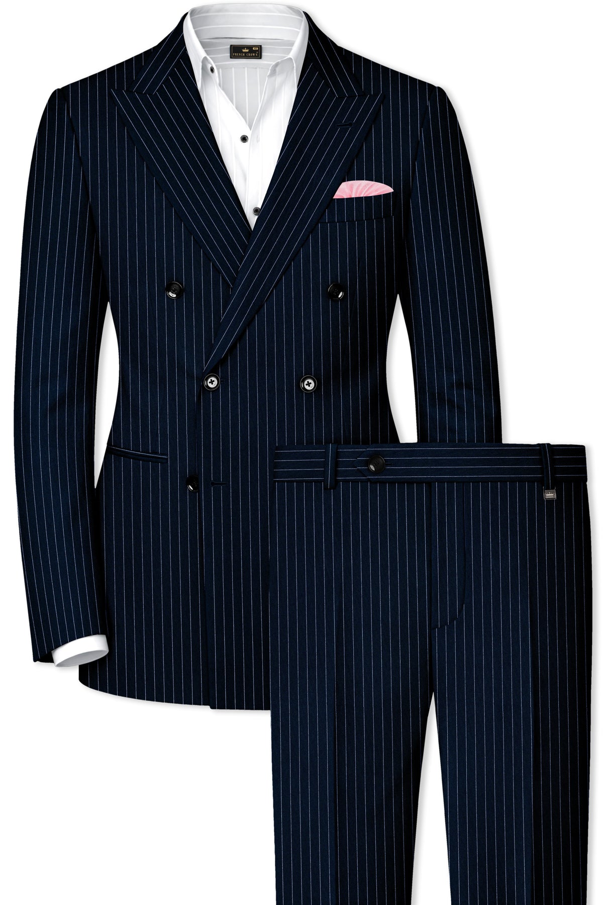 Zenith-Imperial Teal Green And Bright White Chalk Striped Wool Rich Wrinkle-Free Fluid Drape Fabric Double Breasted Suit