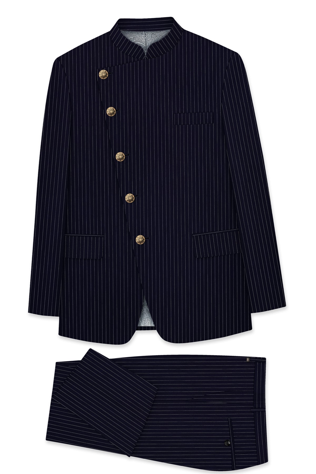 Mariner-Denim Blue And Bright White Chalk Striped Wool Rich Wrinkle-Free Fluid Drape Fabric Cross Placket Bandhgala Suit