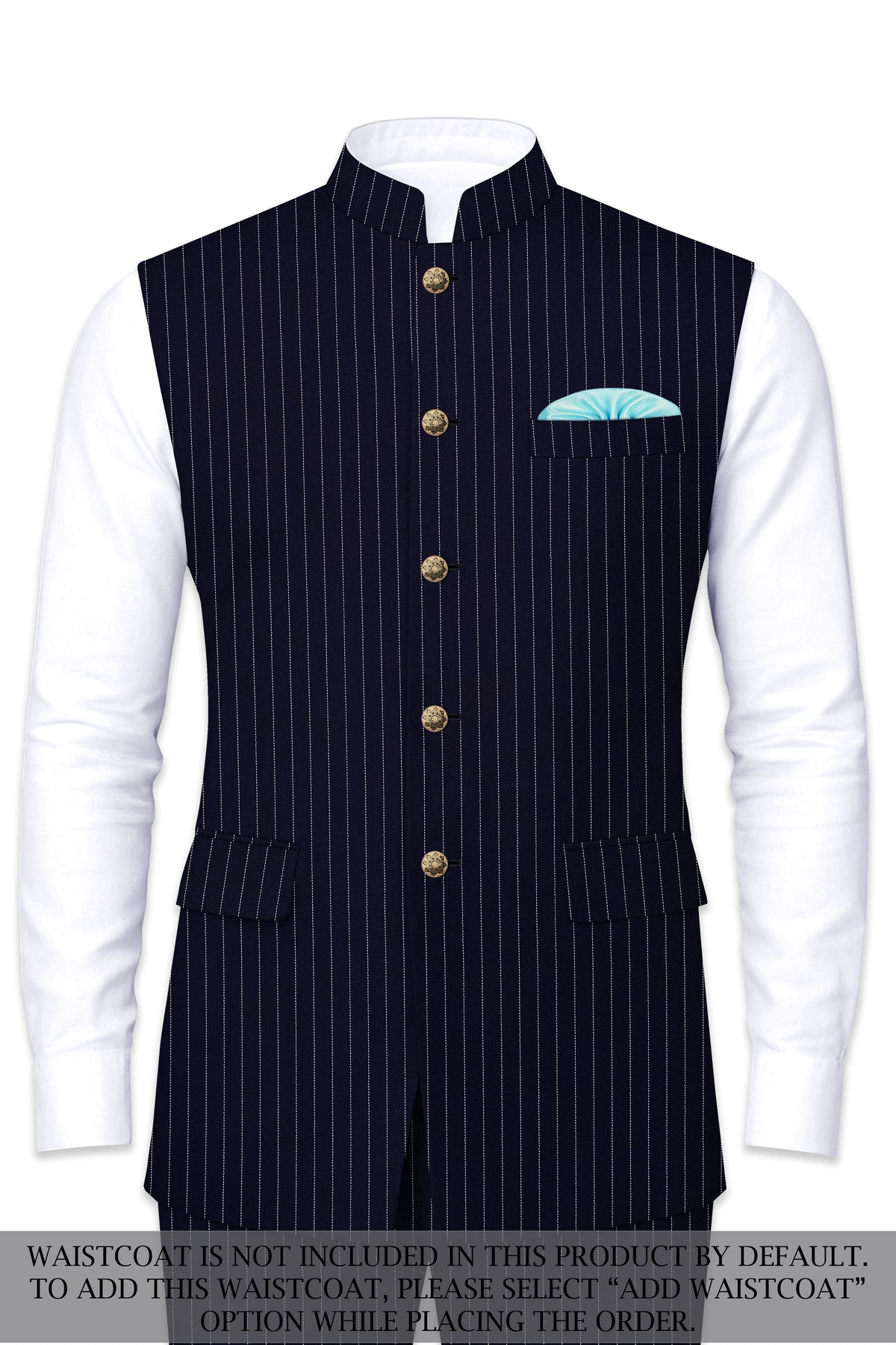 Mariner-Denim Blue And Bright White Chalk Striped Wool Rich Wrinkle-Free Fluid Drape Fabric Cross Placket Bandhgala Suit
