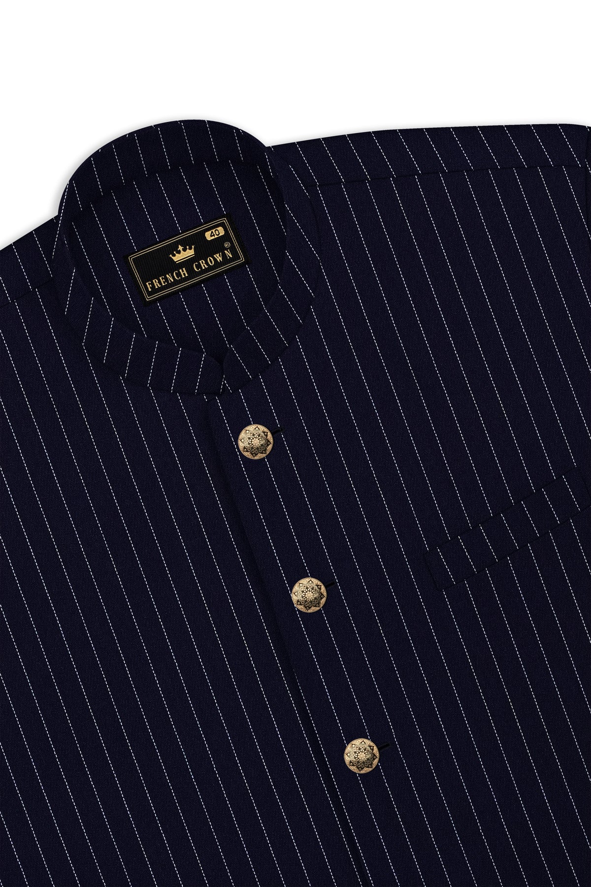 Mariner-Denim Blue And Bright White Chalk Striped Wool Rich Wrinkle-Free Fluid Drape Fabric Cross Placket Bandhgala Suit