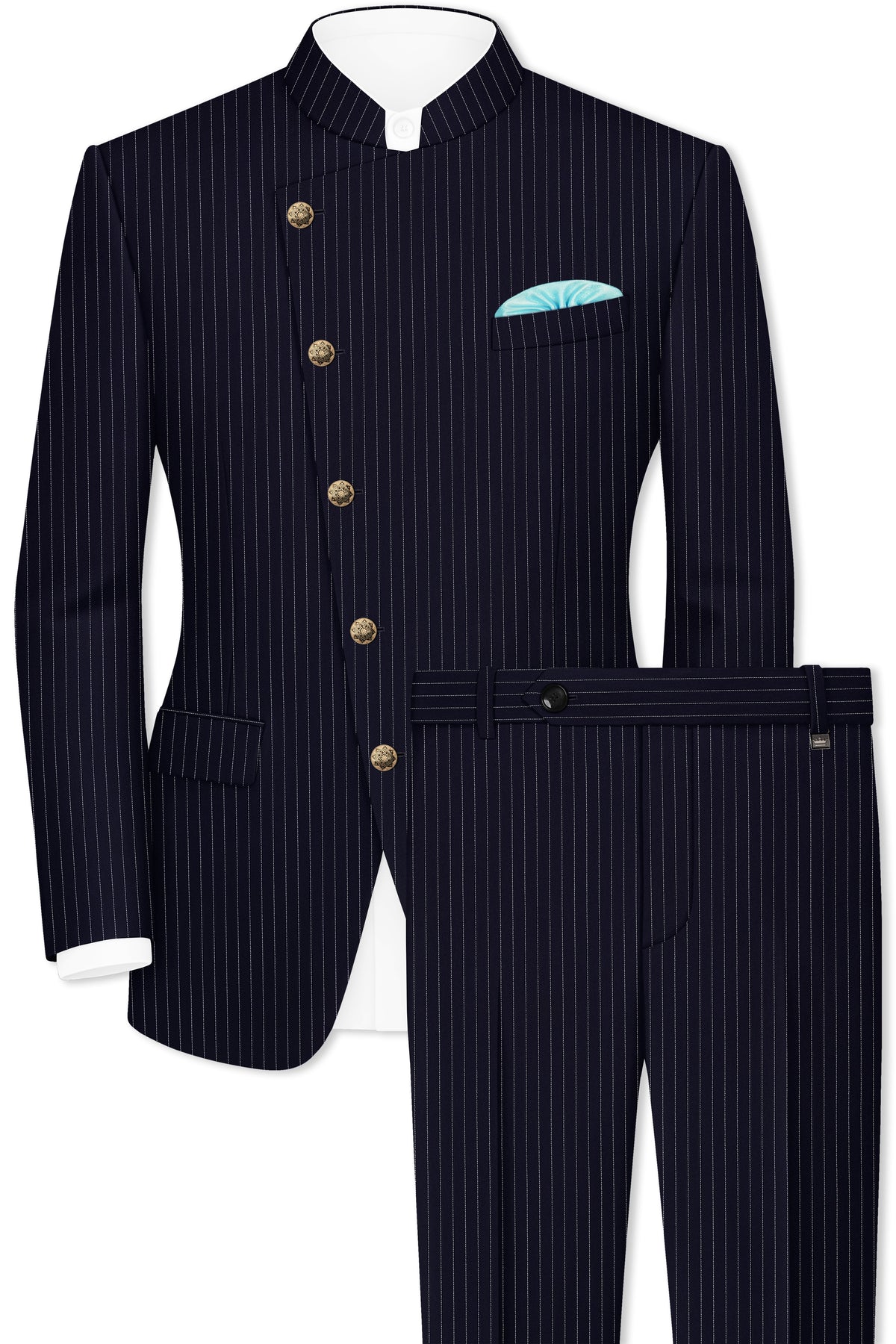 Mariner-Denim Blue And Bright White Chalk Striped Wool Rich Wrinkle-Free Fluid Drape Fabric Cross Placket Bandhgala Suit