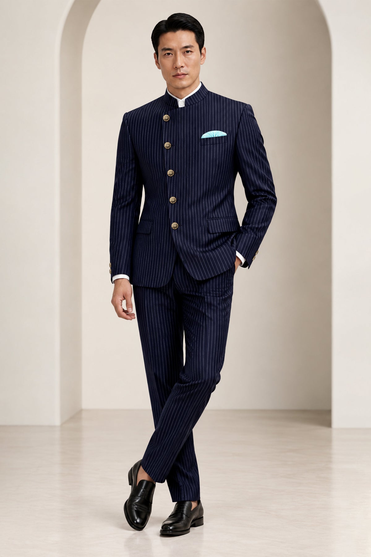 Mariner-Denim Blue And Bright White Chalk Striped Wool Rich Wrinkle-Free Fluid Drape Fabric Cross Placket Bandhgala Suit