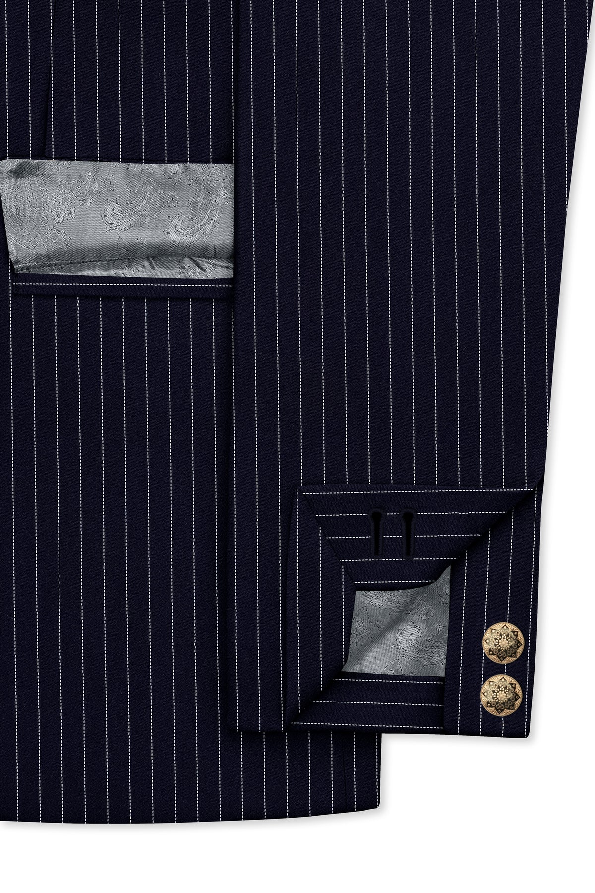Mariner-Denim Blue And Bright White Chalk Striped Wool Rich Wrinkle-Free Fluid Drape Fabric Cross Placket Bandhgala Suit