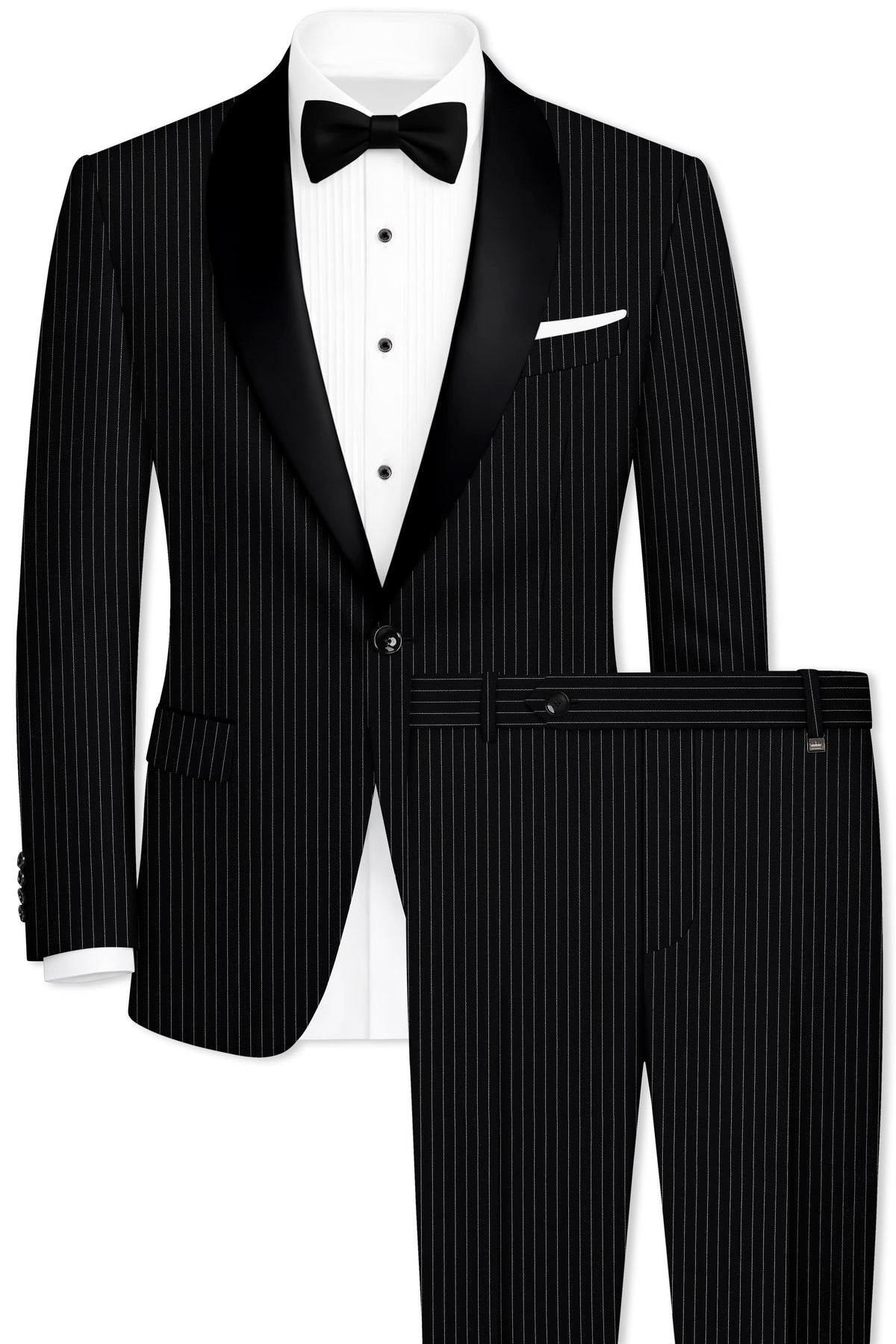 Gravitas-Jade Black And Bright White Chalk Striped Wool Rich Wrinkle-Free Fluid Drape Fabric Tuxedo Suit