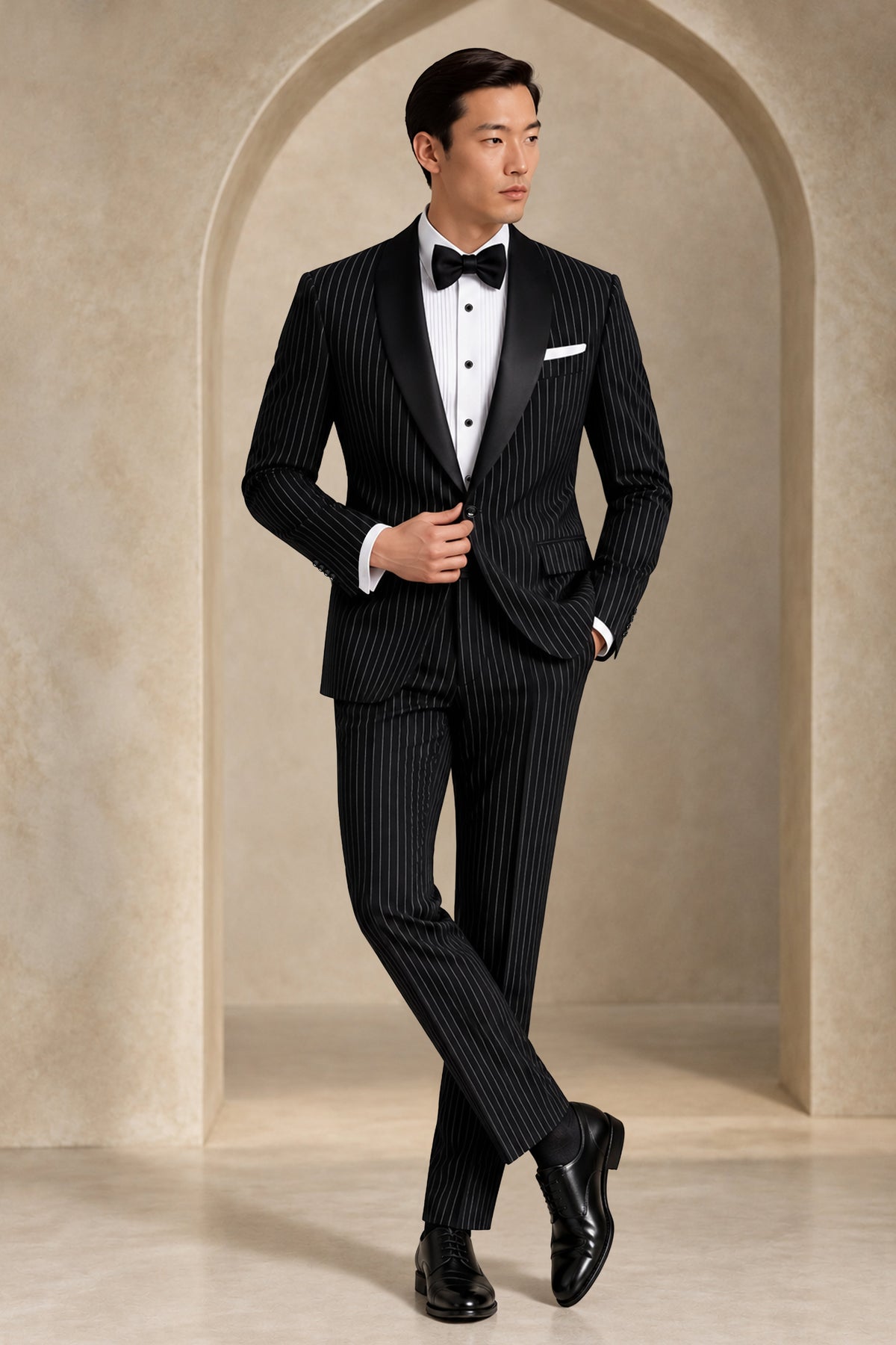 Gravitas-Jade Black And Bright White Chalk Striped Wool Rich Wrinkle-Free Fluid Drape Fabric Tuxedo Suit