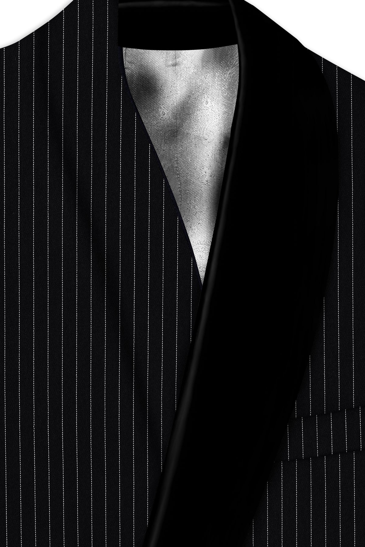 Gravitas-Jade Black And Bright White Chalk Striped Wool Rich Wrinkle-Free Fluid Drape Fabric Tuxedo Suit