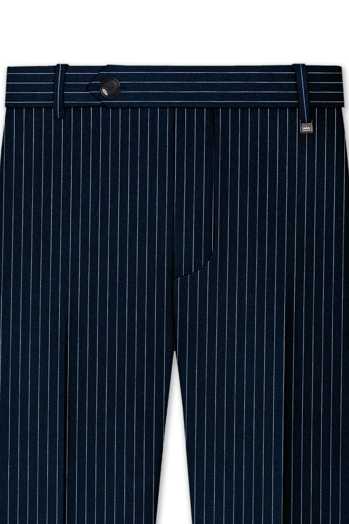 Zenith-Imperial Teal Green And Bright White Chalk Striped Wool Rich Wrinkle-Free Fluid Drape Fabric Cross Placket Bandhgala Suit