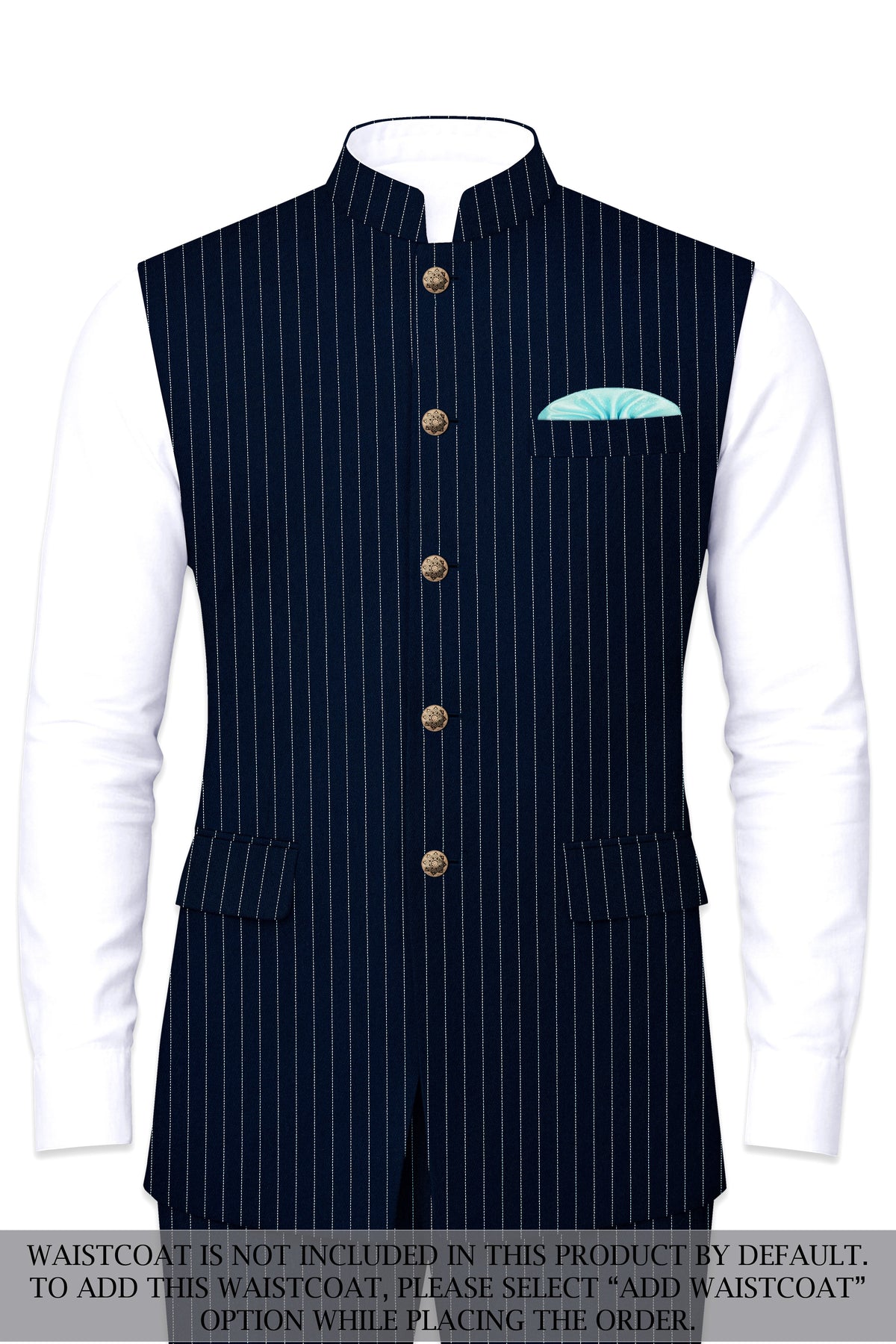 Zenith-Imperial Teal Green And Bright White Chalk Striped Wool Rich Wrinkle-Free Fluid Drape Fabric Cross Placket Bandhgala Suit