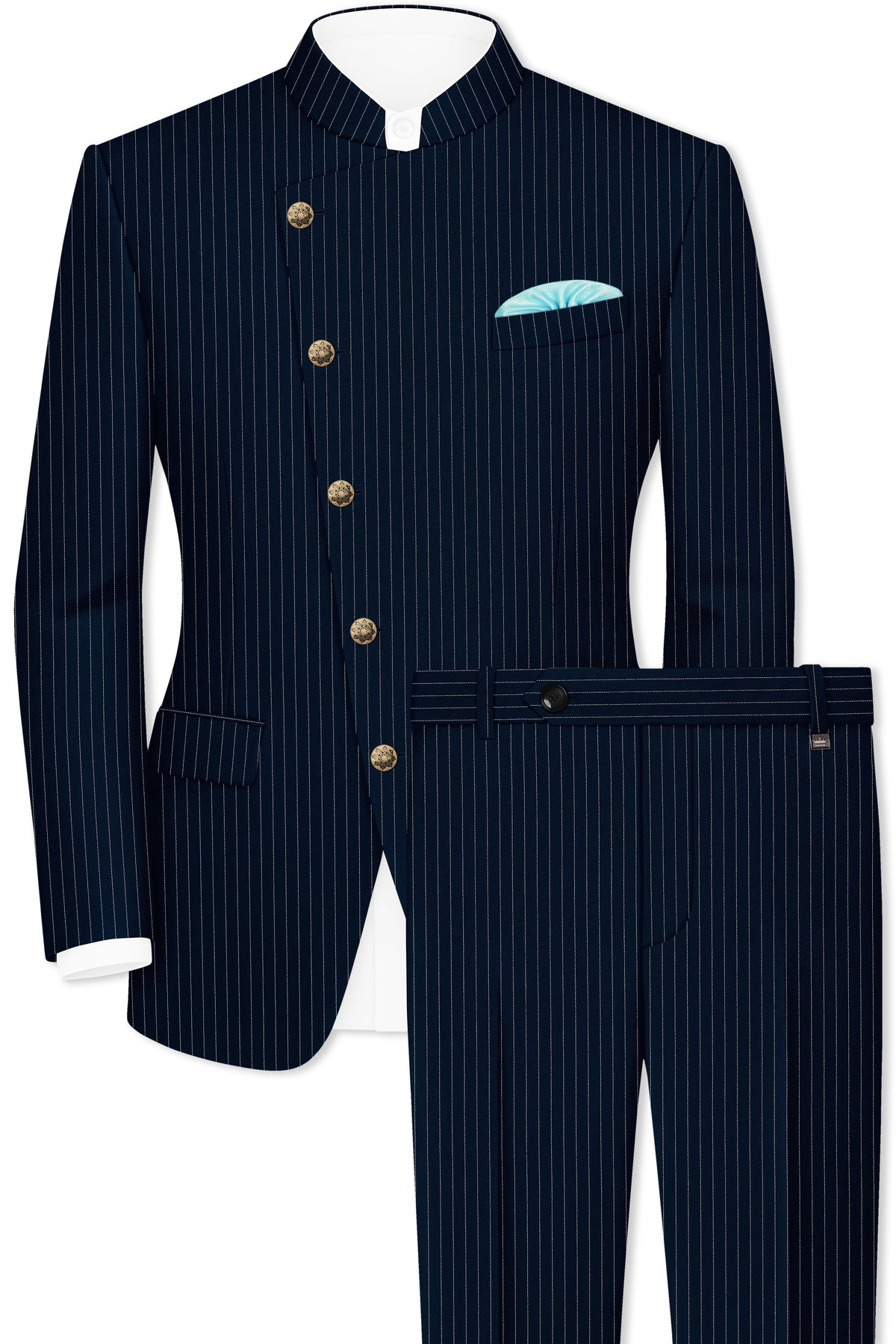 Zenith-Imperial Teal Green And Bright White Chalk Striped Wool Rich Wrinkle-Free Fluid Drape Fabric Cross Placket Bandhgala Suit