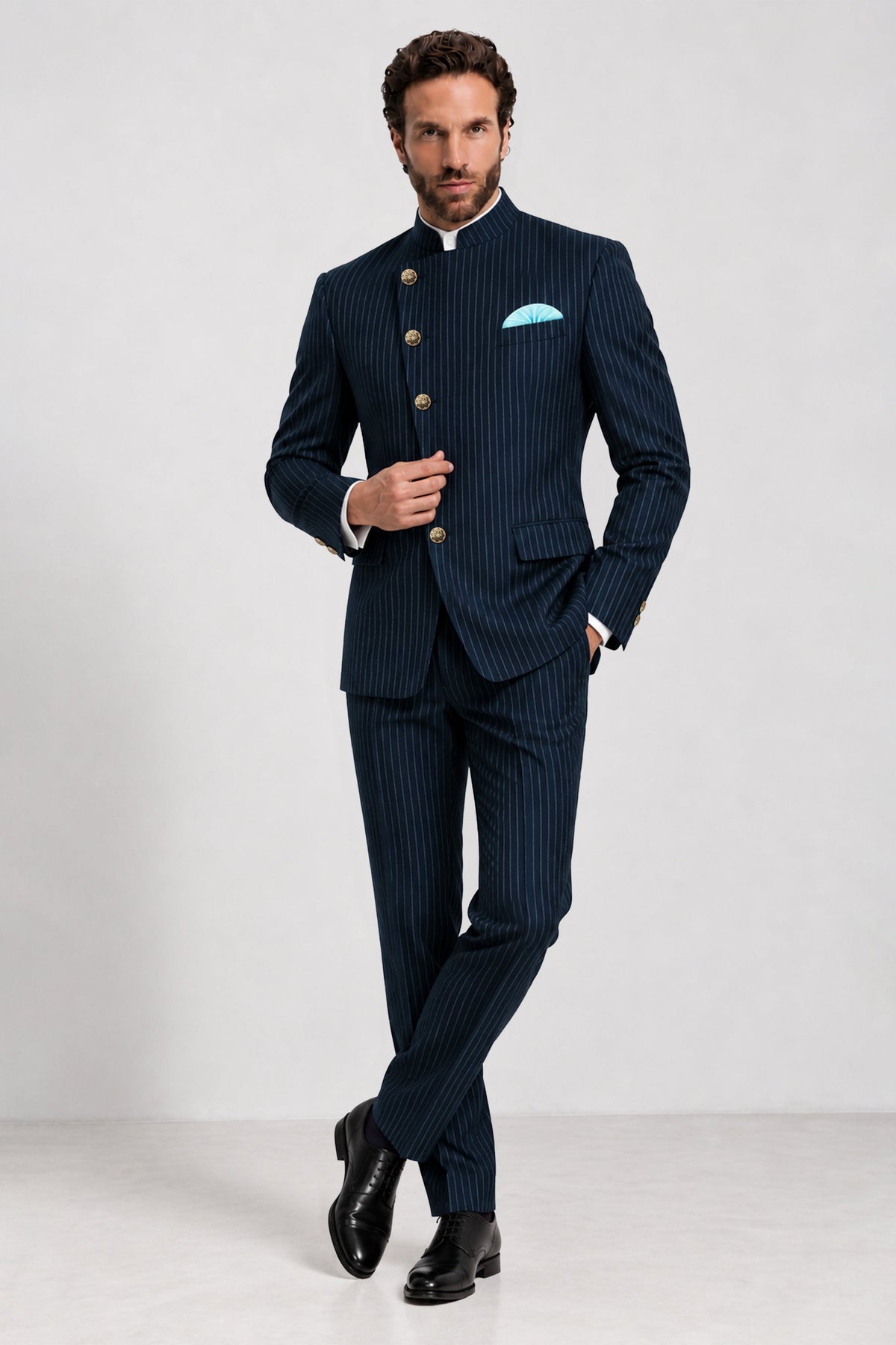 Zenith-Imperial Teal Green And Bright White Chalk Striped Wool Rich Wrinkle-Free Fluid Drape Fabric Cross Placket Bandhgala Suit