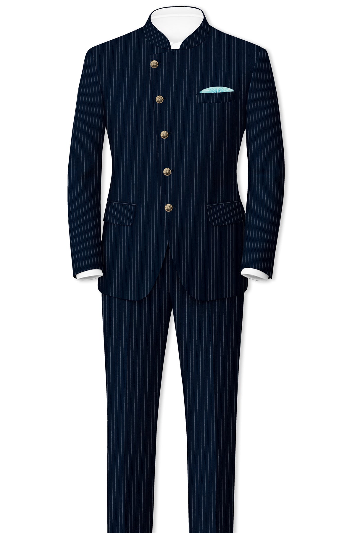 Zenith-Imperial Teal Green And Bright White Chalk Striped Wool Rich Wrinkle-Free Fluid Drape Fabric Cross Placket Bandhgala Suit