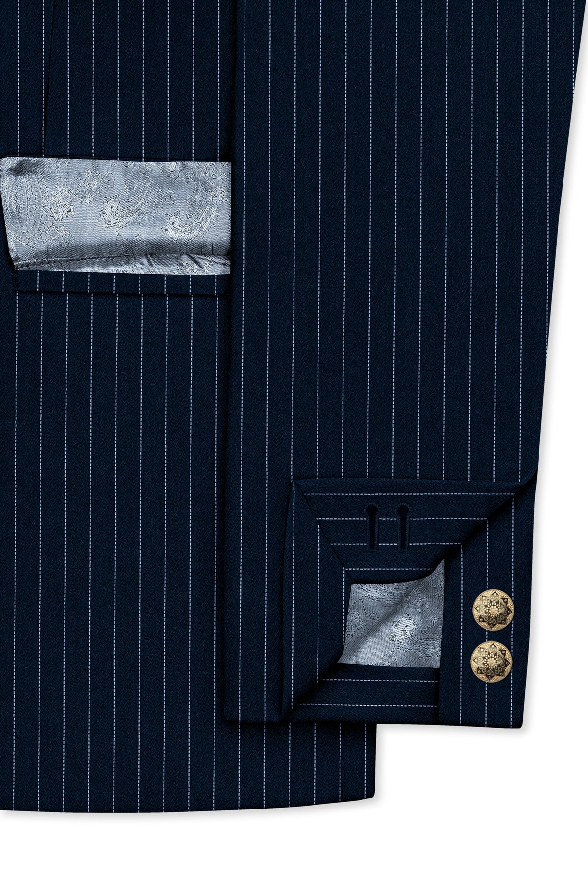 Zenith-Imperial Teal Green And Bright White Chalk Striped Wool Rich Wrinkle-Free Fluid Drape Fabric Cross Placket Bandhgala Suit