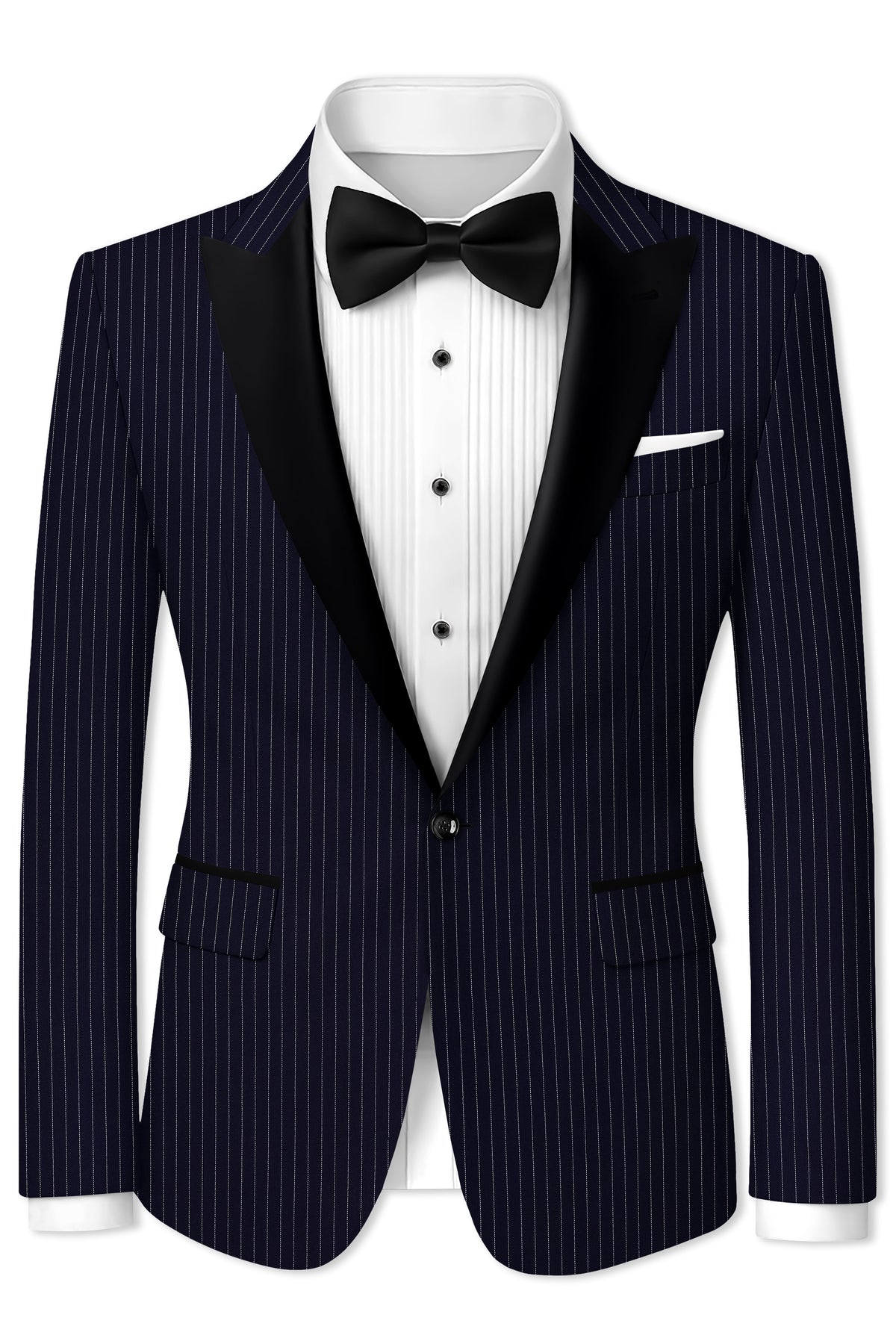 Mariner-Denim Blue And Bright White Chalk Striped Wool Rich Wrinkle-Free Fluid Drape Fabric Peak Lapel Tuxedo Suit