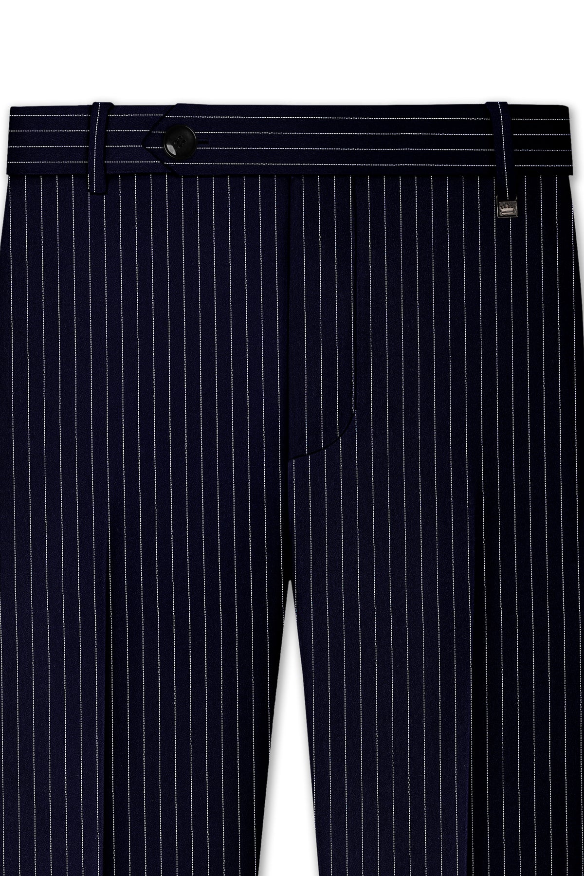 Mariner-Denim Blue And Bright White Chalk Striped Wool Rich Wrinkle-Free Fluid Drape Fabric Peak Lapel Tuxedo Suit