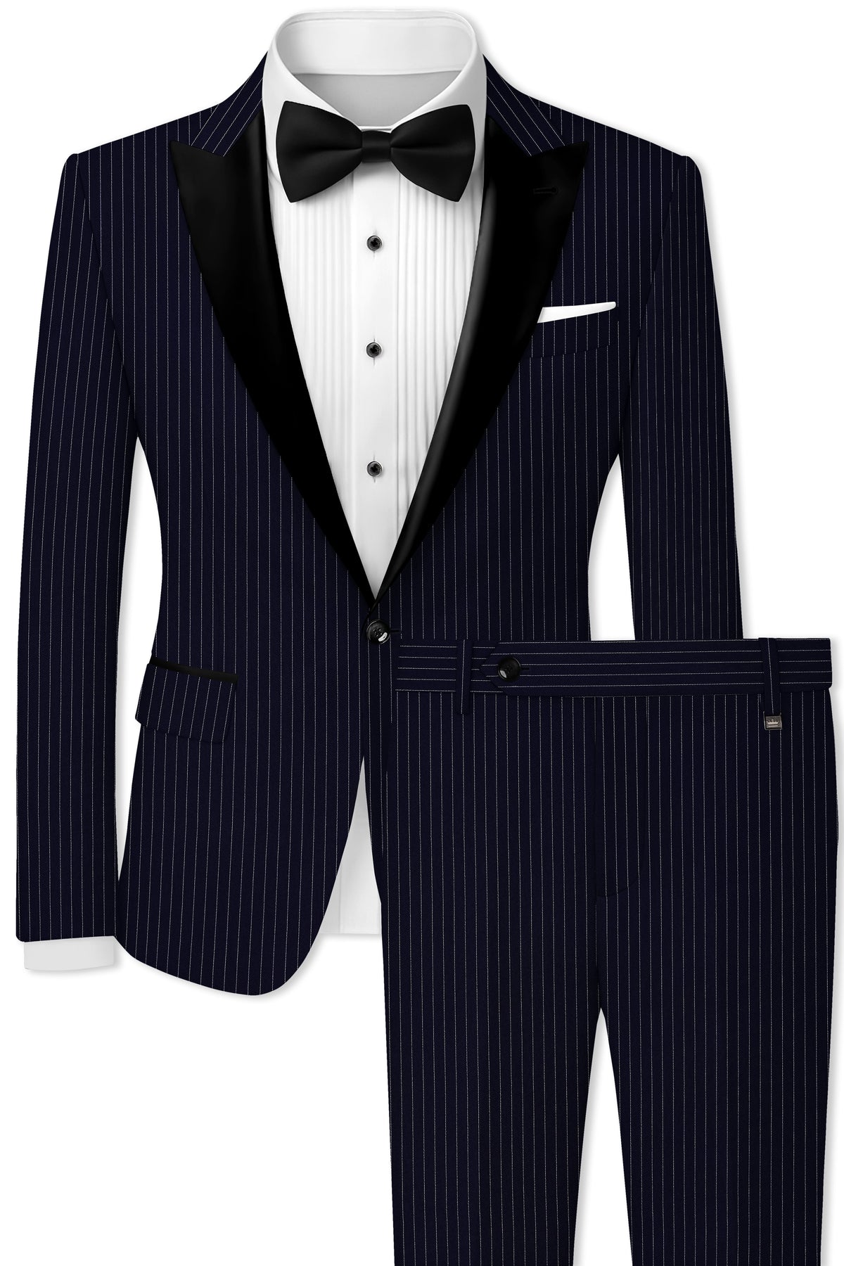 Mariner-Denim Blue And Bright White Chalk Striped Wool Rich Wrinkle-Free Fluid Drape Fabric Peak Lapel Tuxedo Suit
