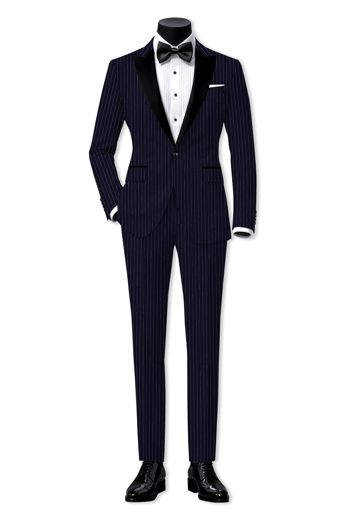 Mariner-Denim Blue And Bright White Chalk Striped Wool Rich Wrinkle-Free Fluid Drape Fabric Peak Lapel Tuxedo Suit