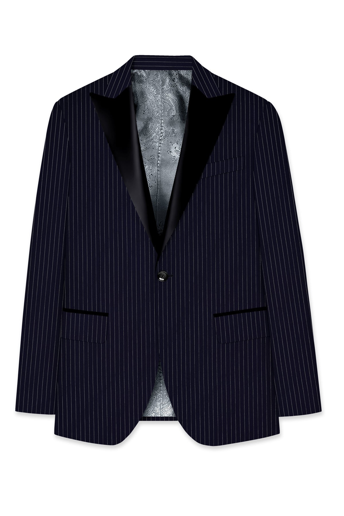 Mariner-Denim Blue And Bright White Chalk Striped Wool Rich Wrinkle-Free Fluid Drape Fabric Peak Lapel Tuxedo Suit