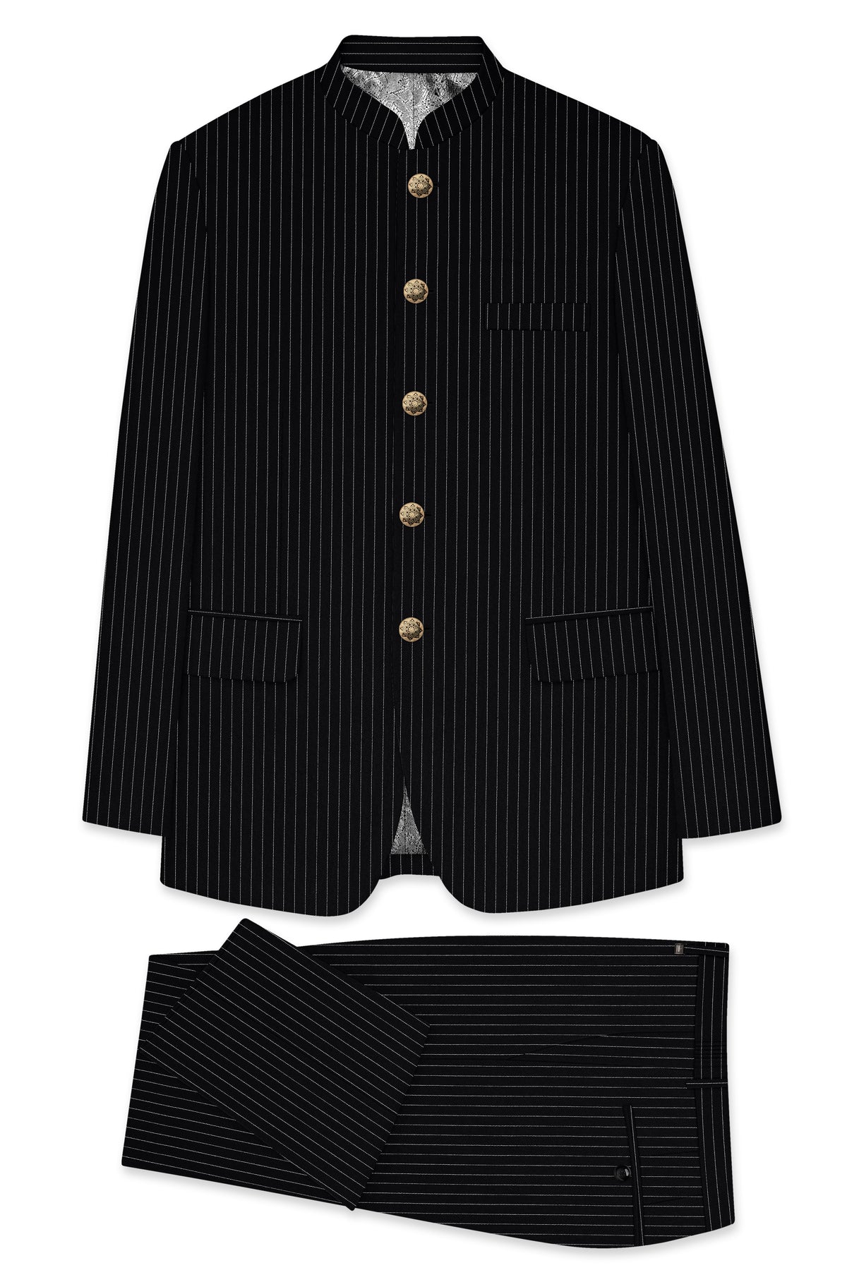 Gravitas-Jade Black And Bright White Chalk Striped Wool Rich Wrinkle-Free Fluid Drape Fabric Bandhgala Suit